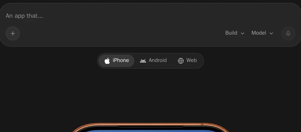 Rork prompt-based mobile app builder with Build, Model and iPhone, Android and Web controls