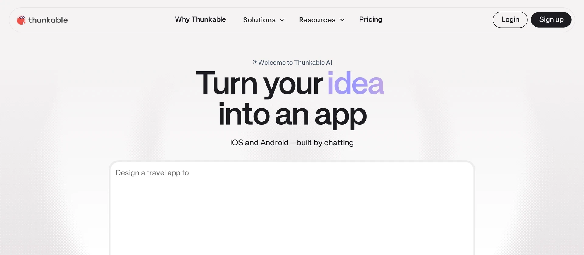 Thunkable app builder homepage with an app-description box for creating iOS and Android apps