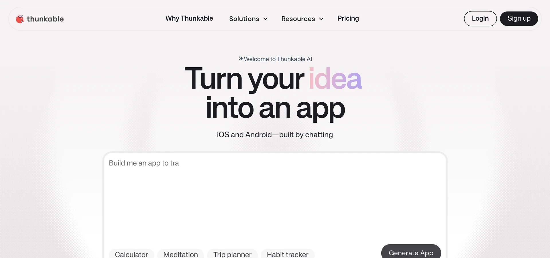 Thunkable app-building page with an AI prompt field and Generate App button