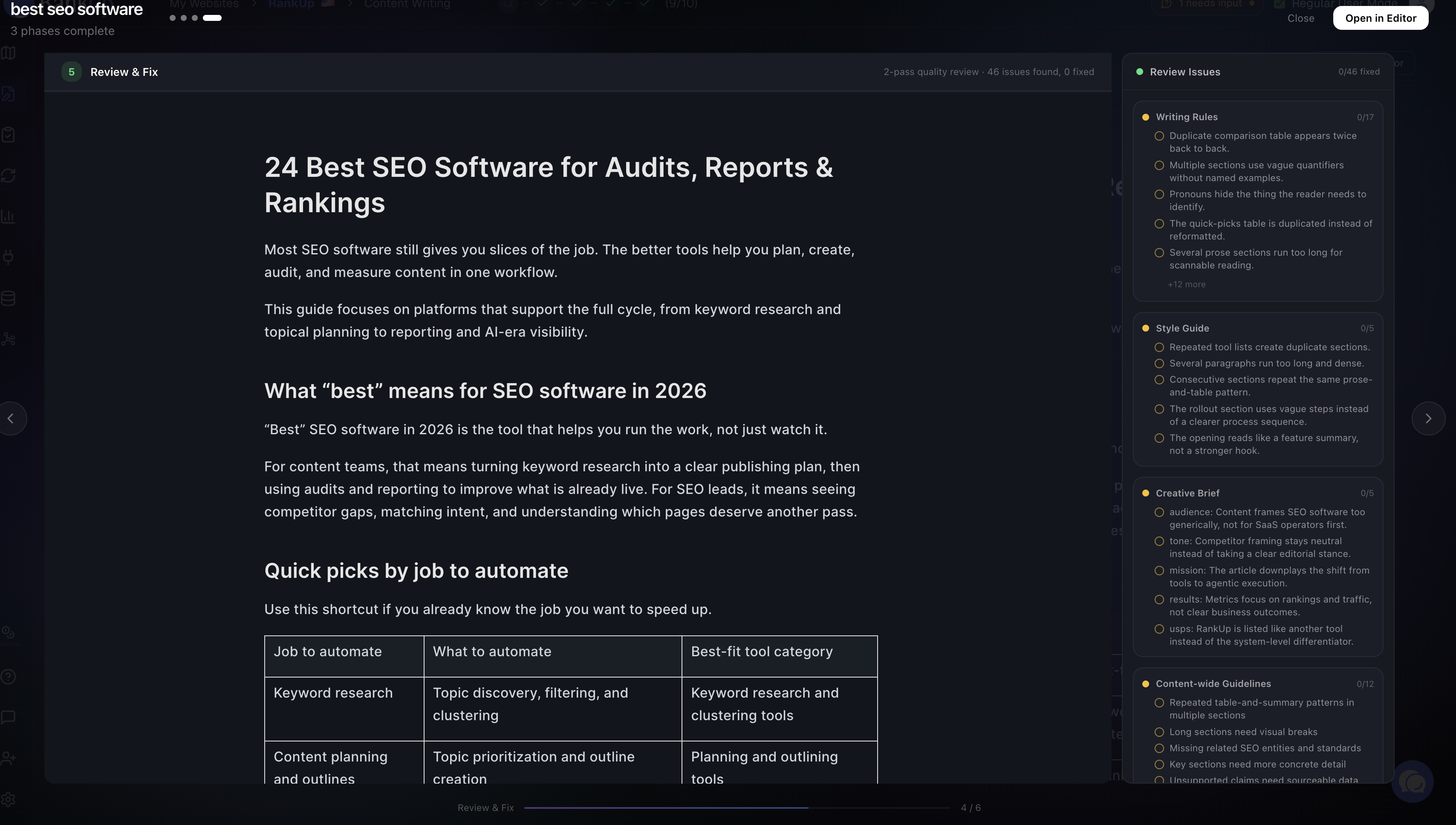 RankUp Review and Fix interface showing writing, style, brief, and content checks