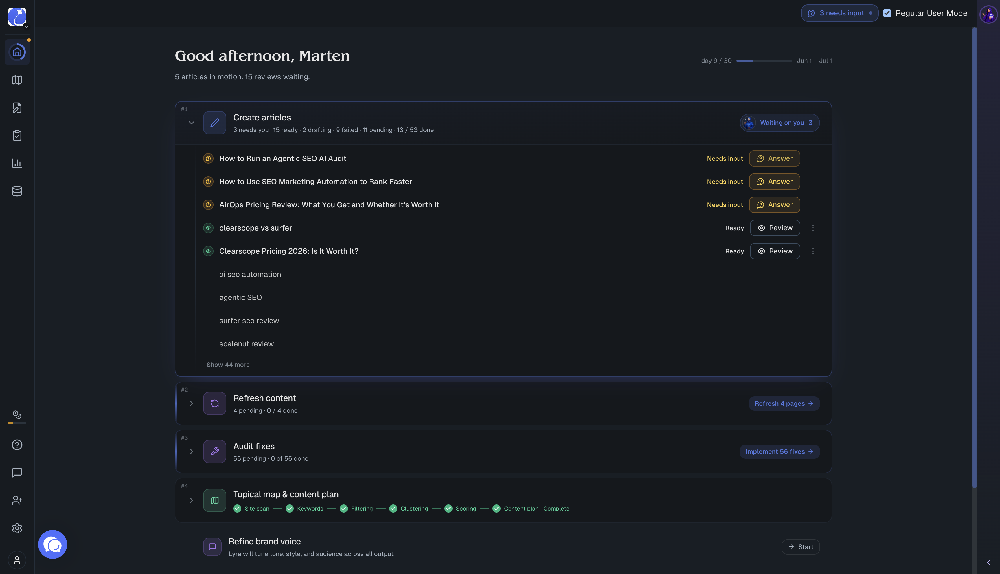 RankUp workspace showing strategy, content creation, refreshes, and review workflows in one SEO operations hub
