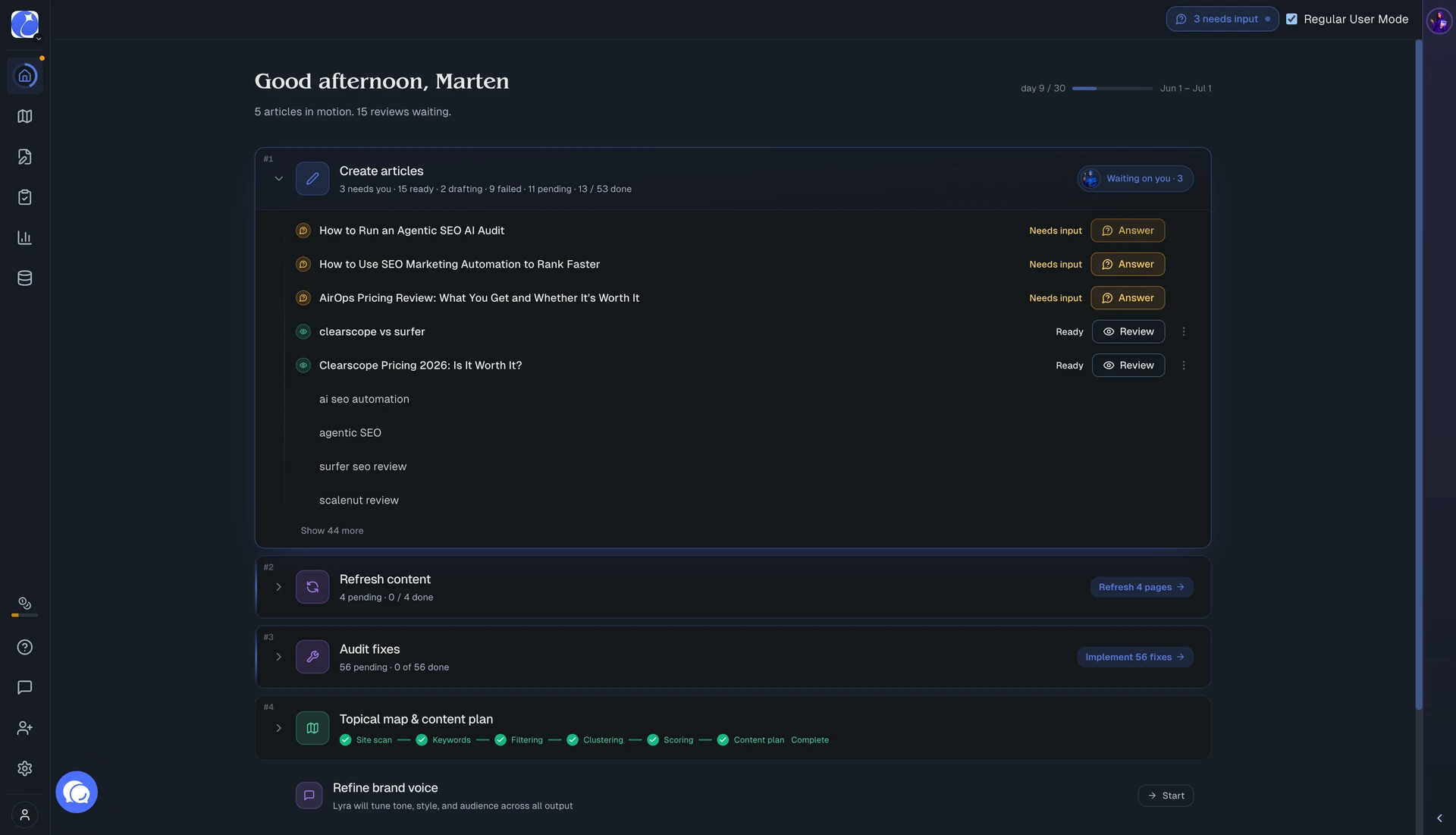 RankUp workspace showing strategy, content creation, refreshes, and review workflows in one SEO operations hub