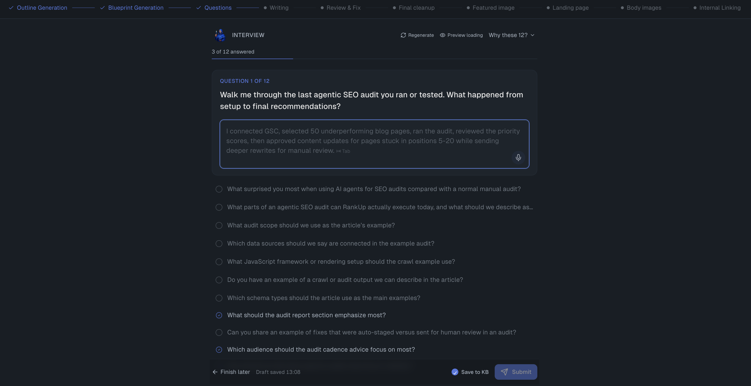RankUp interview screen asking focused questions to capture missing expertise