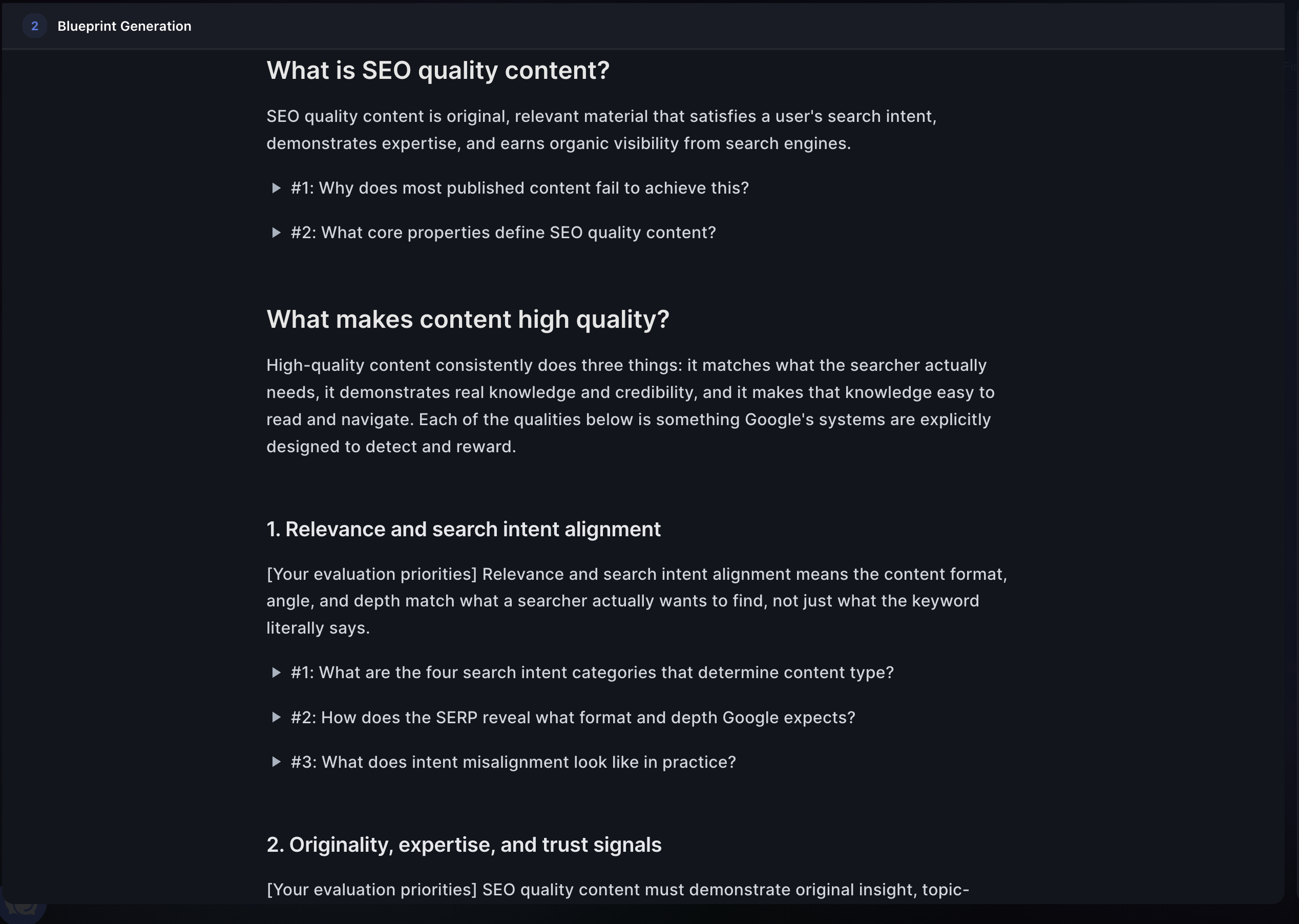 RankUp Content Blueprint showing structured guidance for creating search-focused content