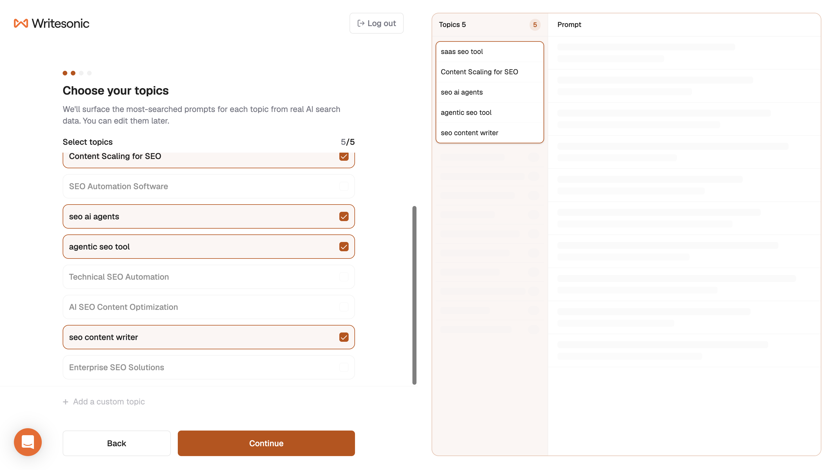 Writesonic AI visibility onboarding showing five selected tracking topics