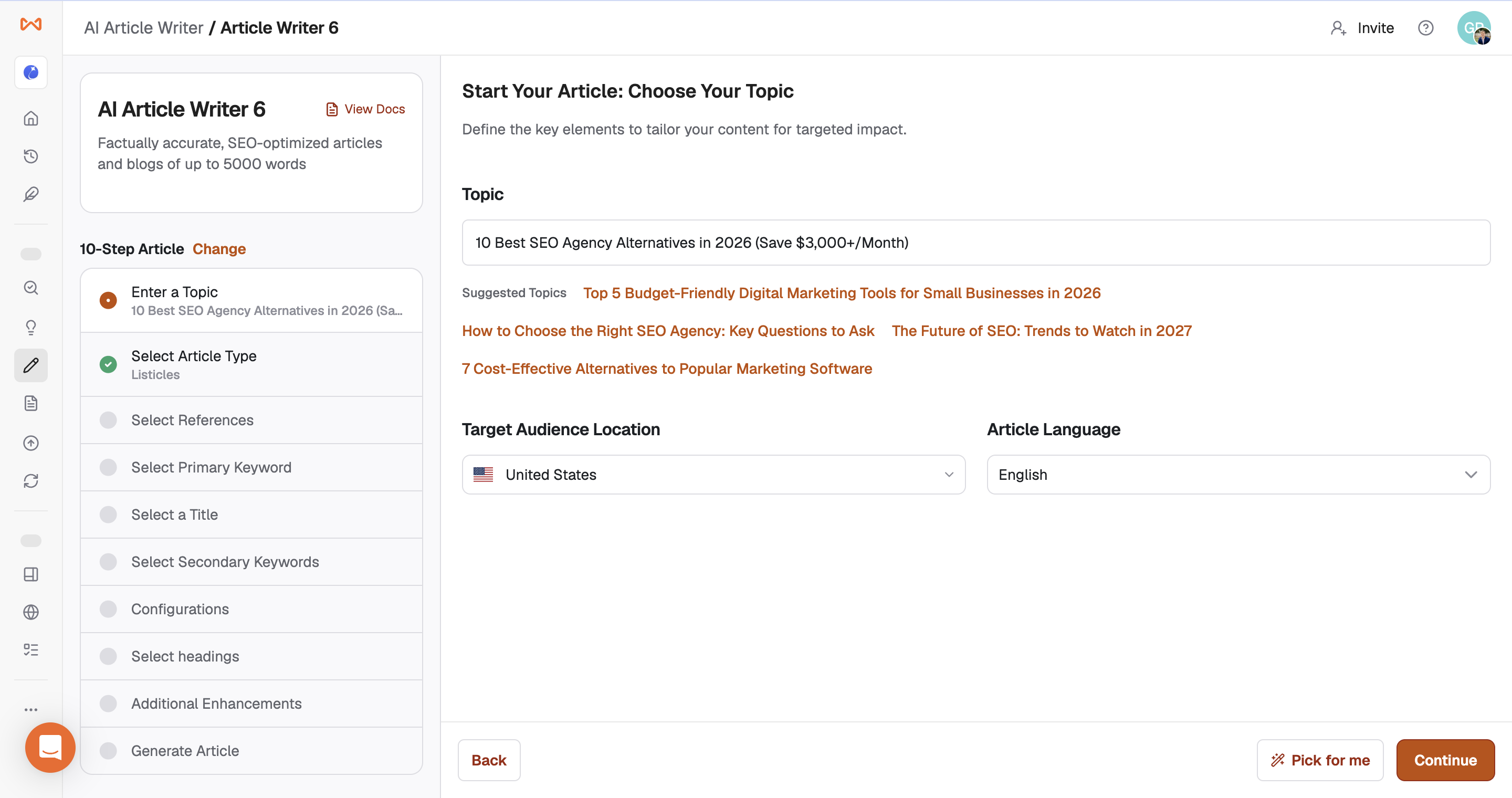 Writesonic Article Writer 6 topic screen with location and language controls