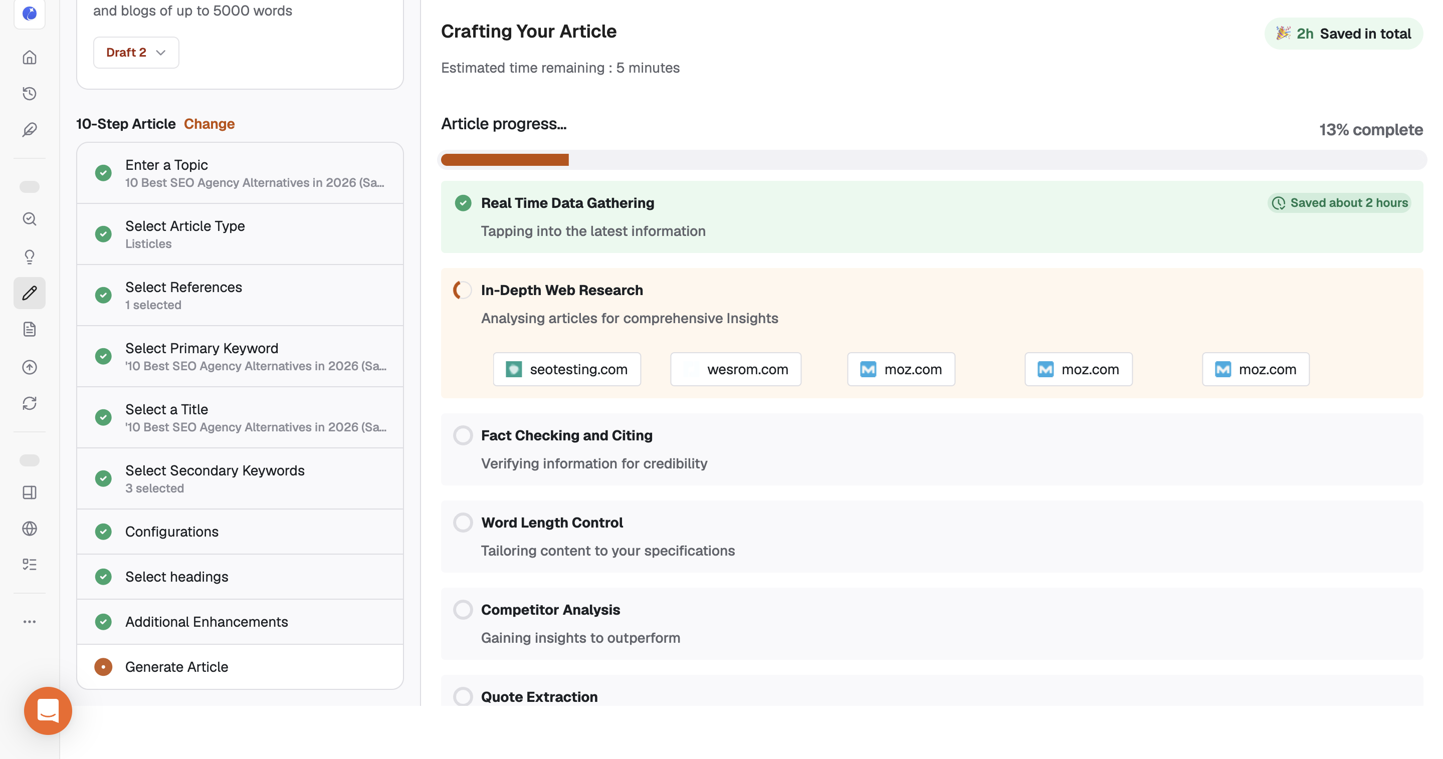 Writesonic’s article generation screen listing web research, fact-checking, competitor analysis, and SEO optimization tasks.