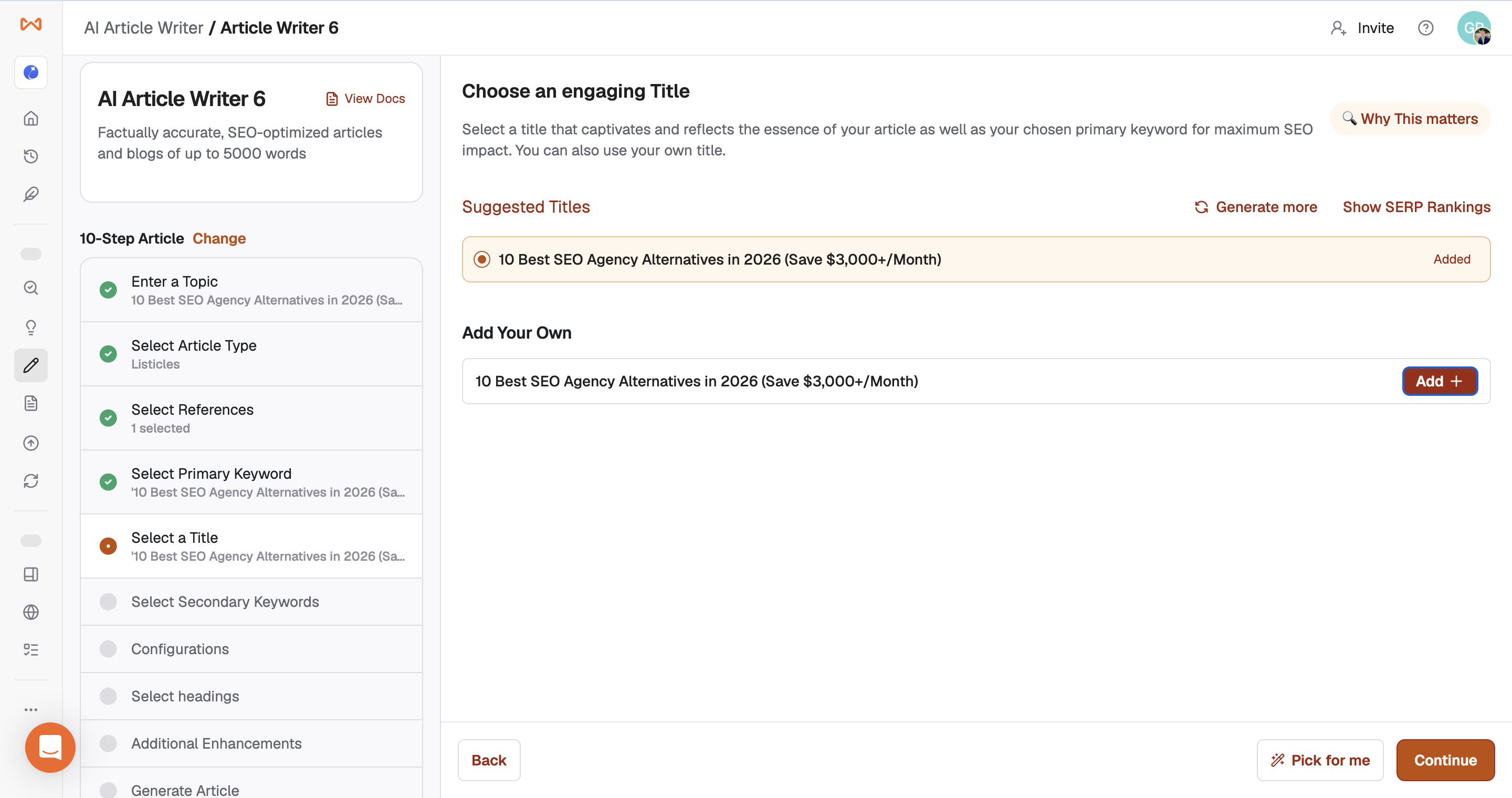 Writesonic title selection screen with SEO title suggestions