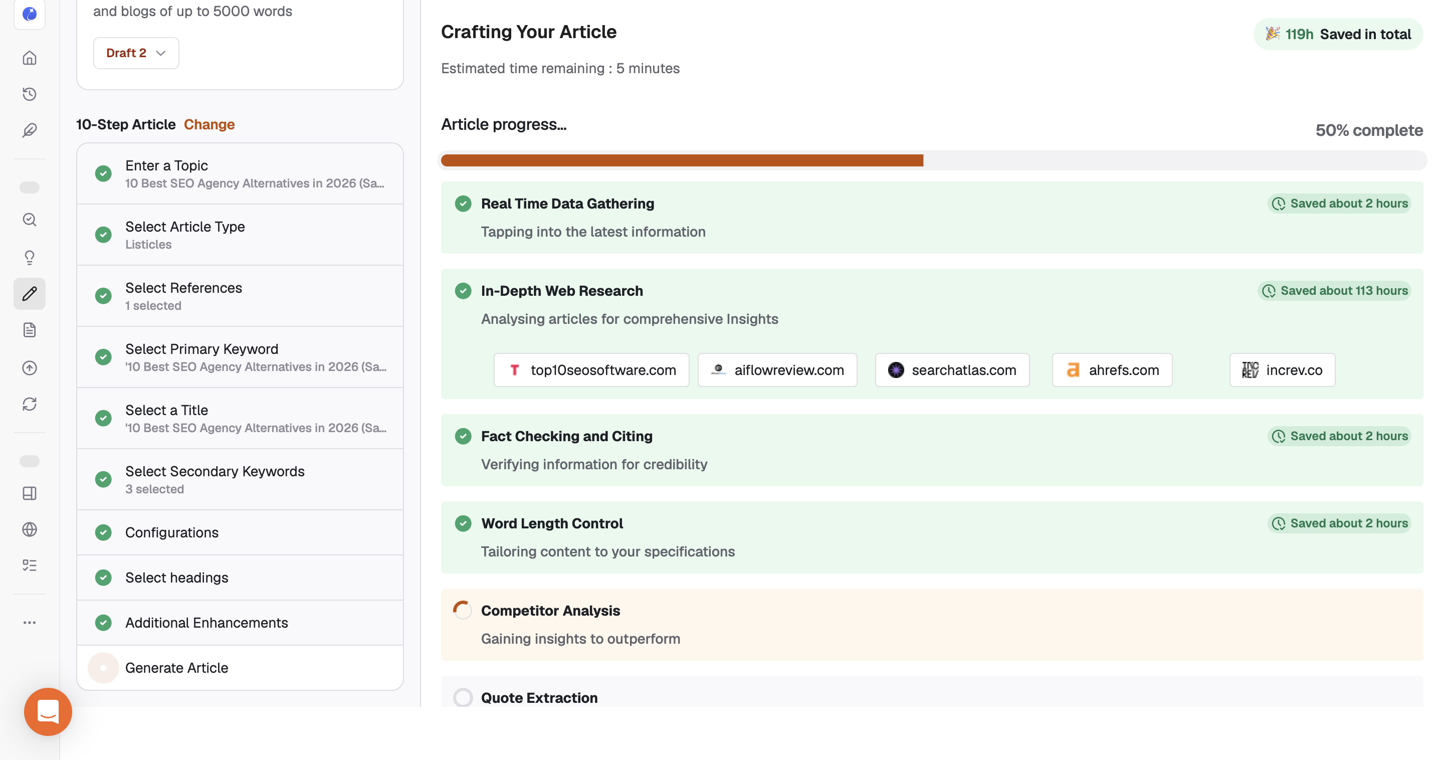 Writesonic Article Writer 6 generating a draft through its guided 10-step workflow