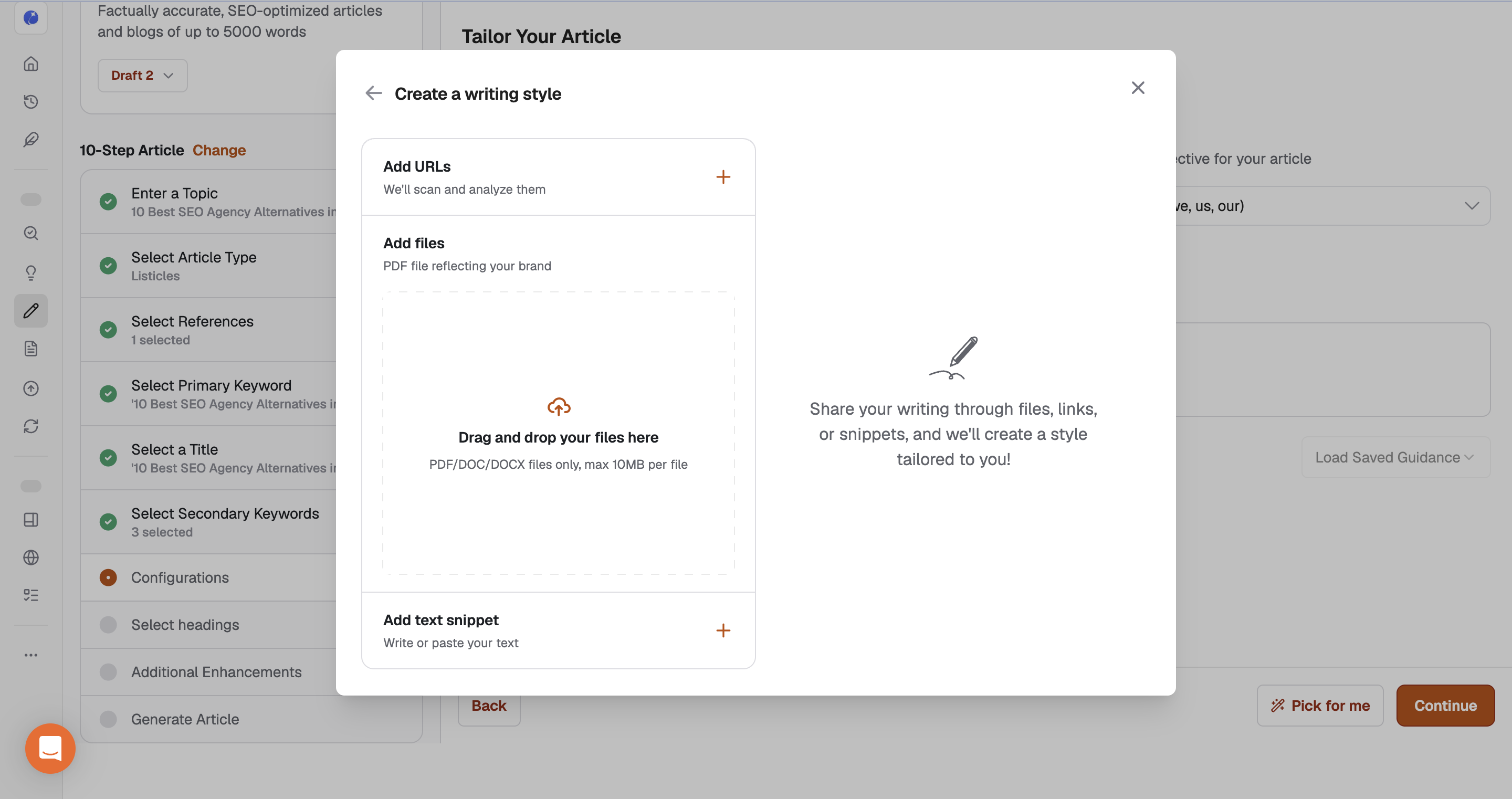 Writesonic writing-style setup with URL, file, and text input options