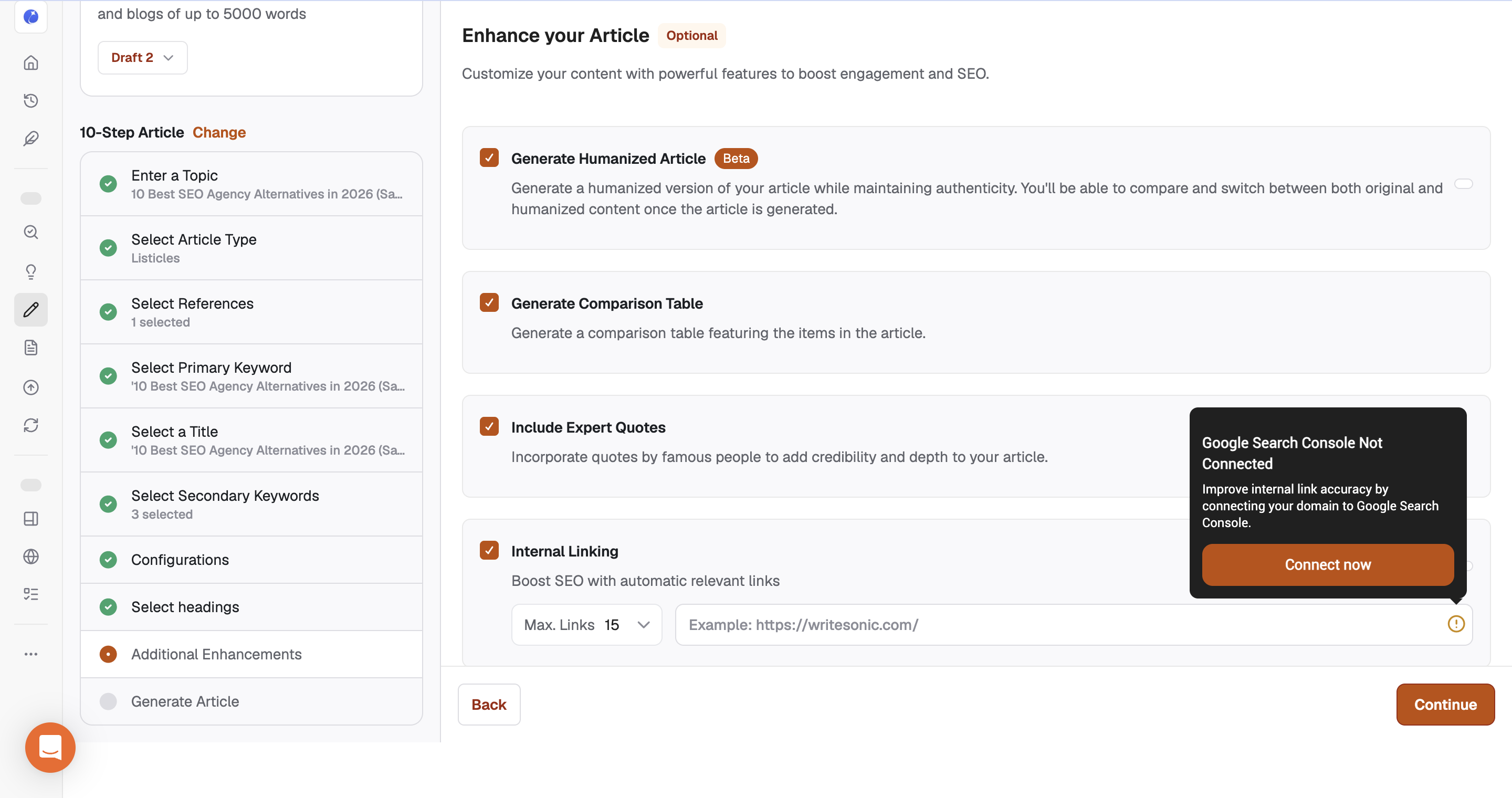 Writesonic enhancement options for humanization, quotes, tables, and internal links