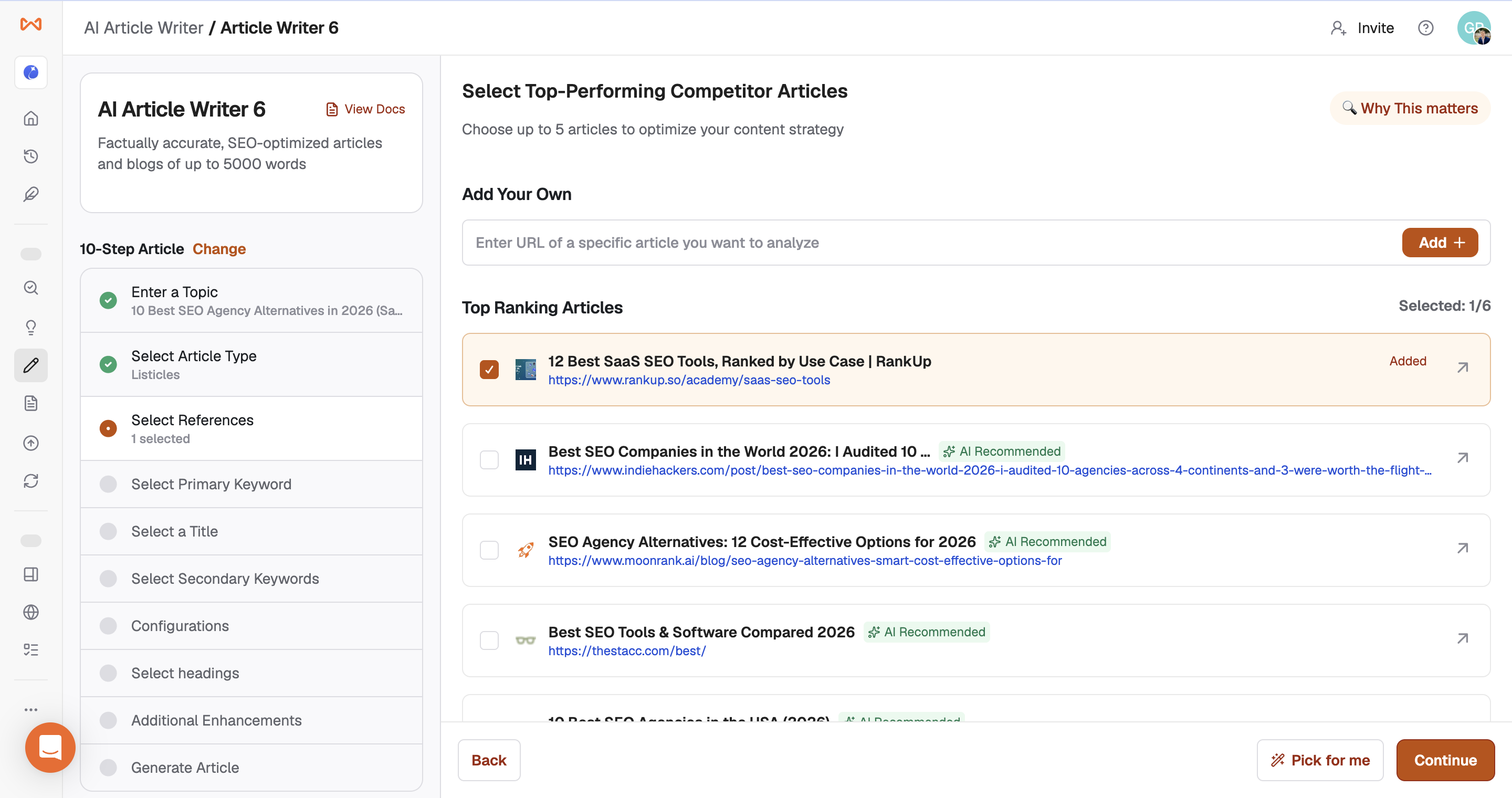 Writesonic reference selection screen listing competitor articles