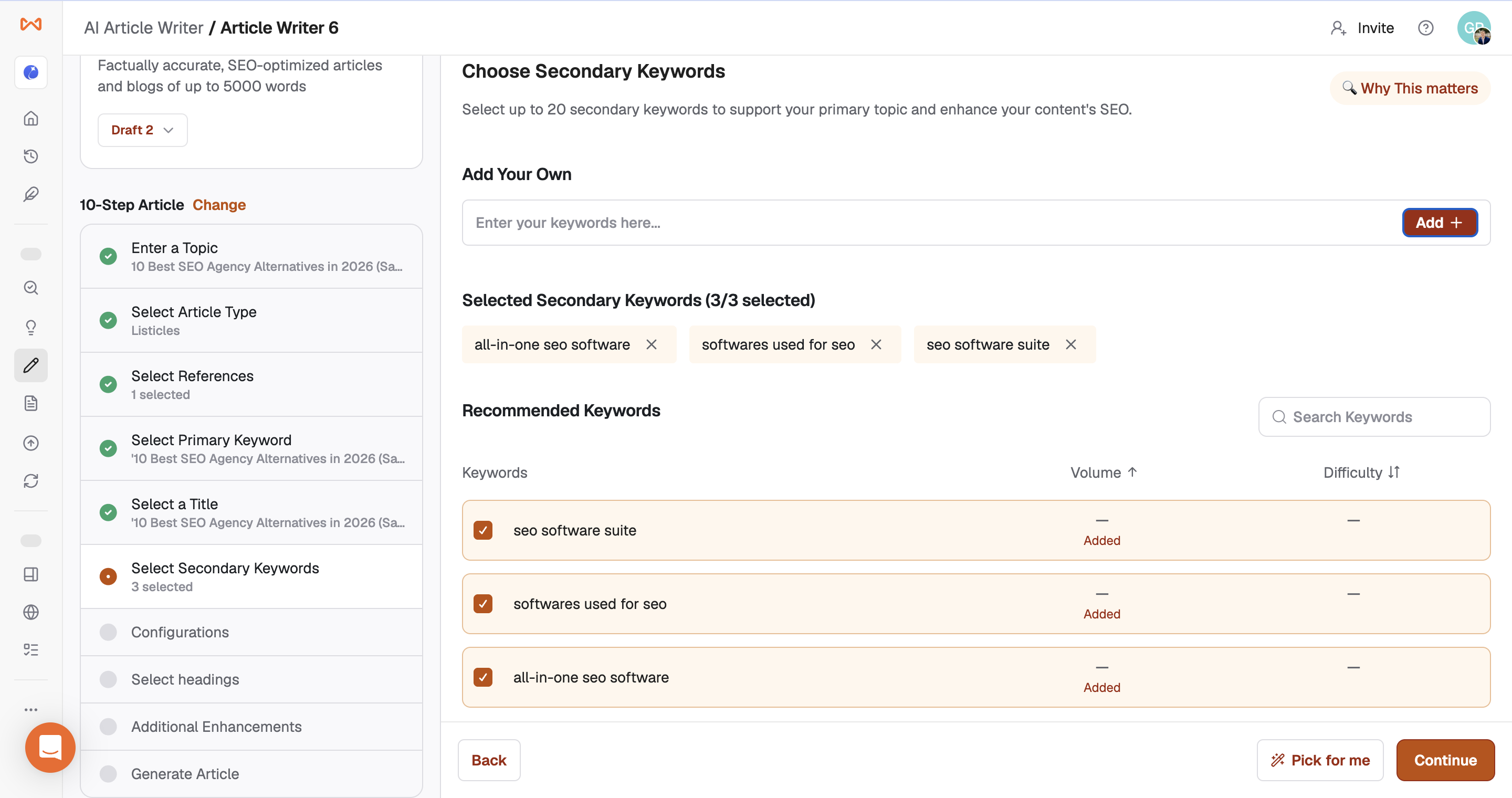 Writesonic secondary keyword screen with manually added terms