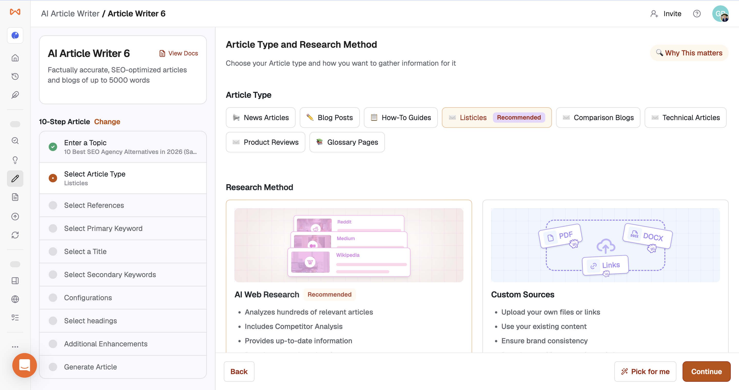 Writesonic article type and research method selection screen