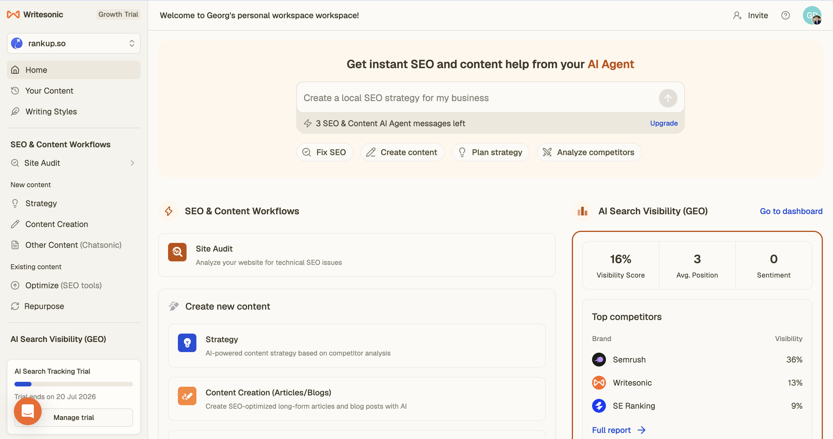 Writesonic's SEO AI Agent chat interface returning site-specific SEO advice from connected data