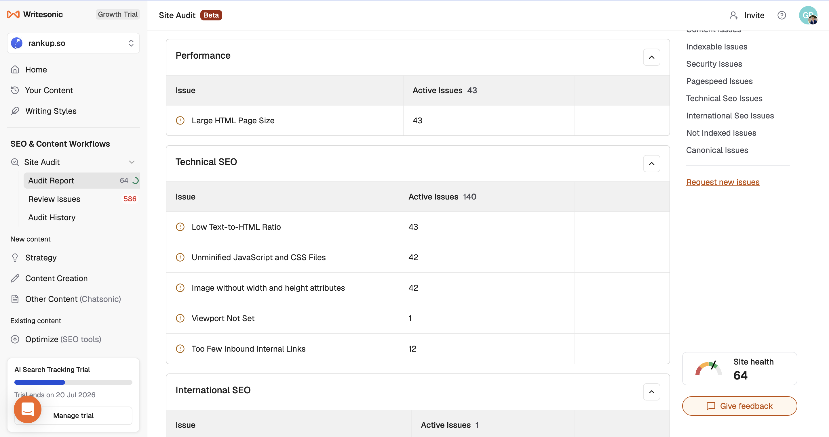 Writesonic Site Audit for rankup.so showing a site-health score of 64 and categorized issues