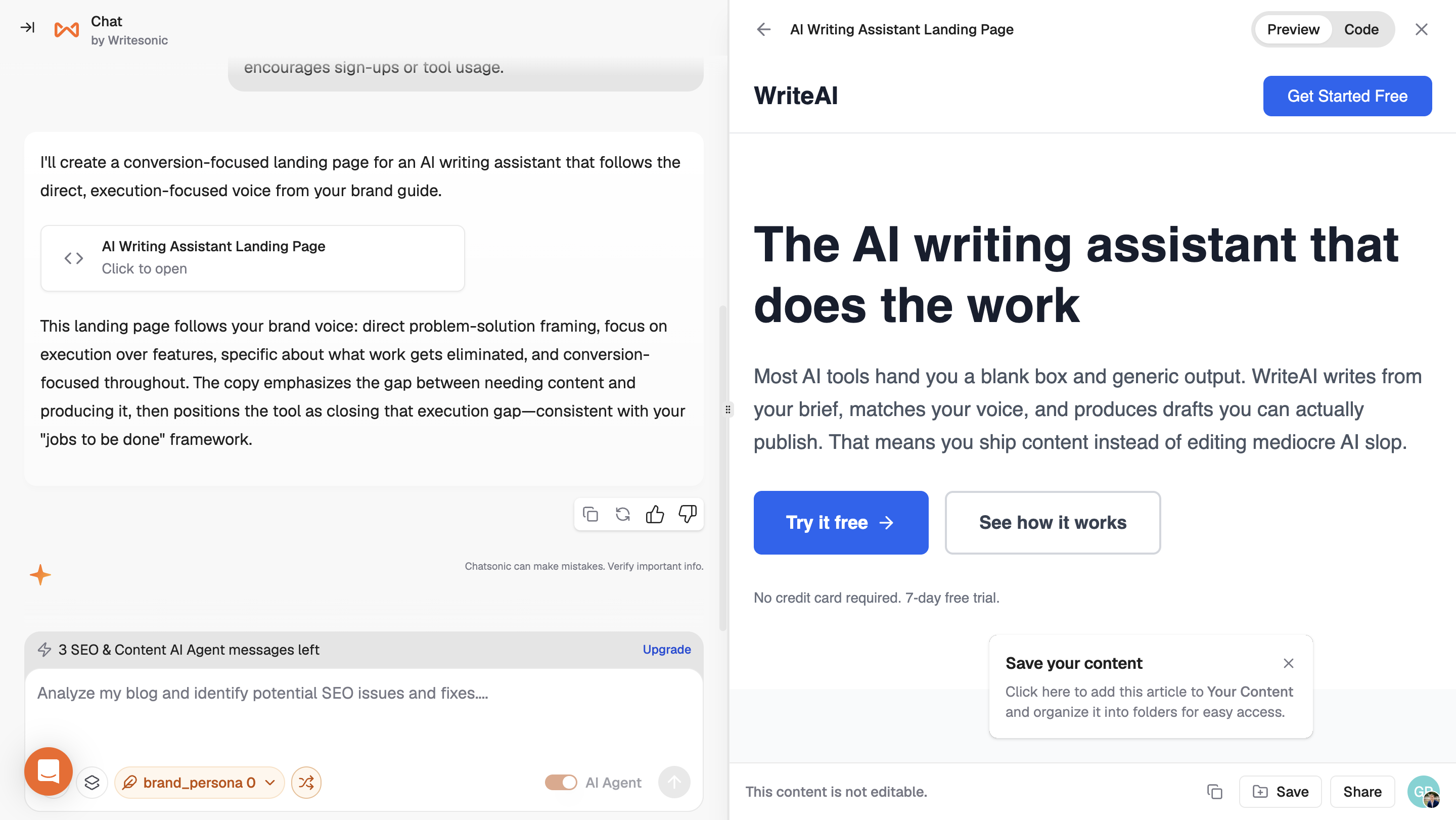 Chatsonic landing-page preview beside the conversational build interface