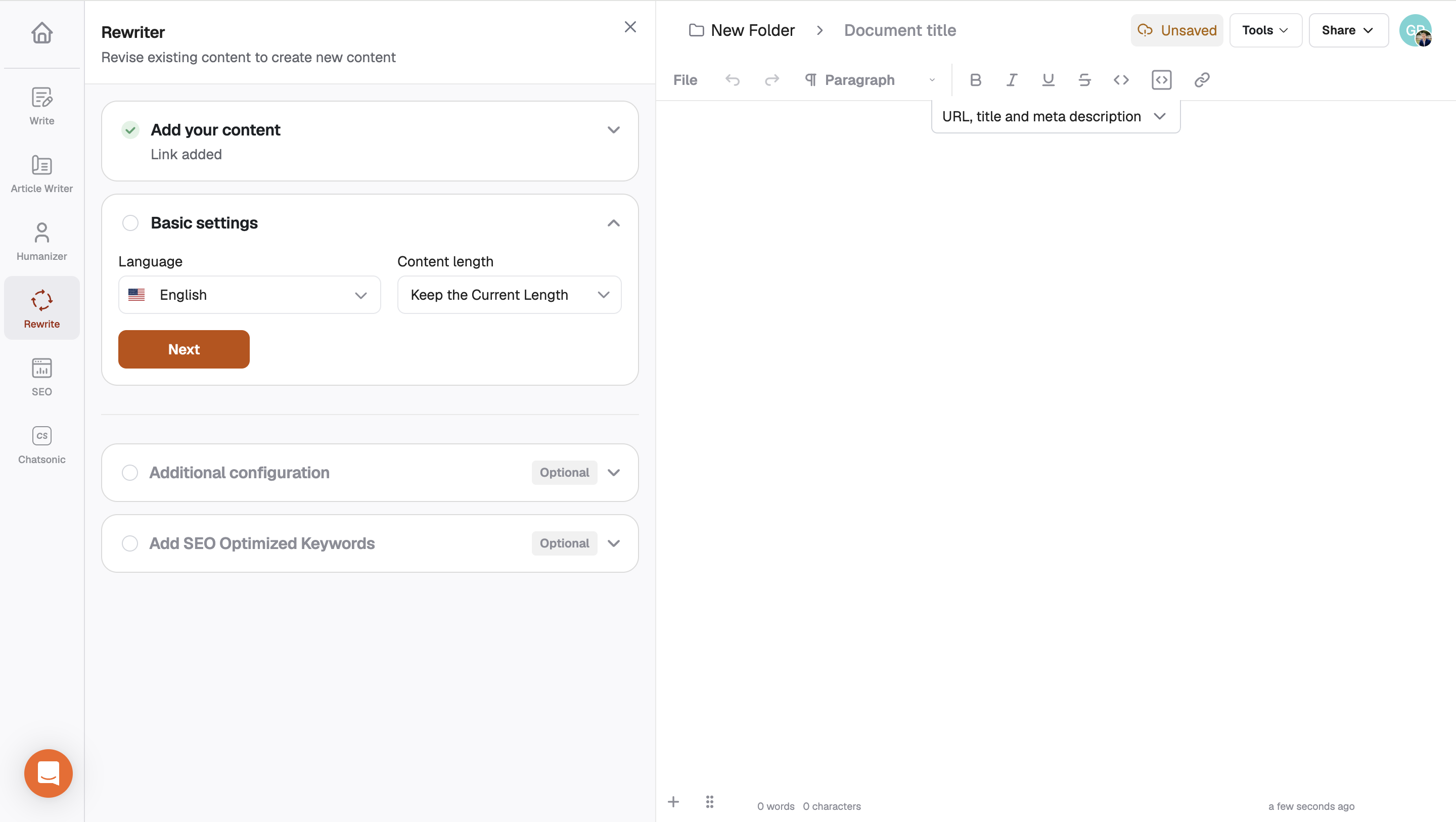 Writesonic Content Rewriter settings for output language and content length