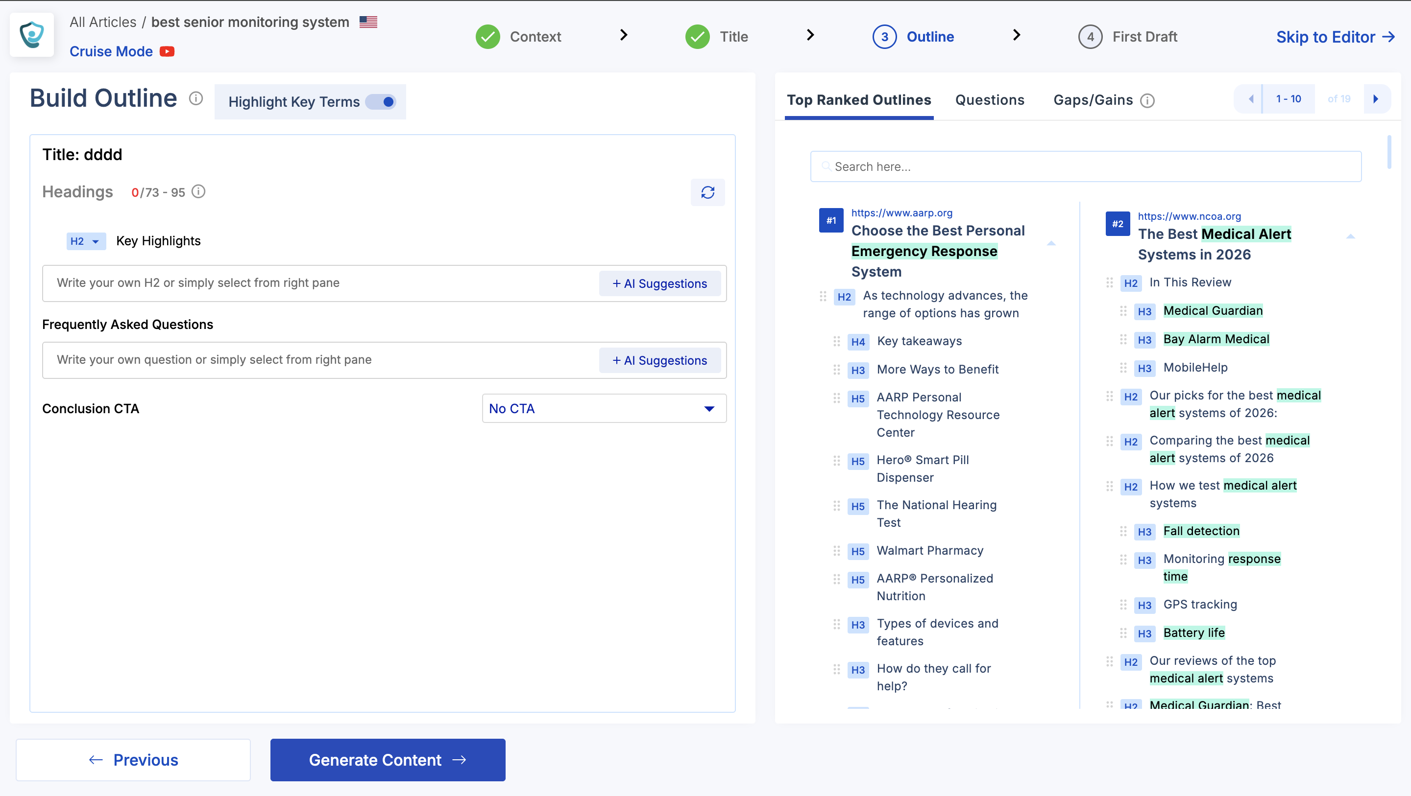 Scalenut Cruise Mode outline builder beside ranking-page headings and common questions
