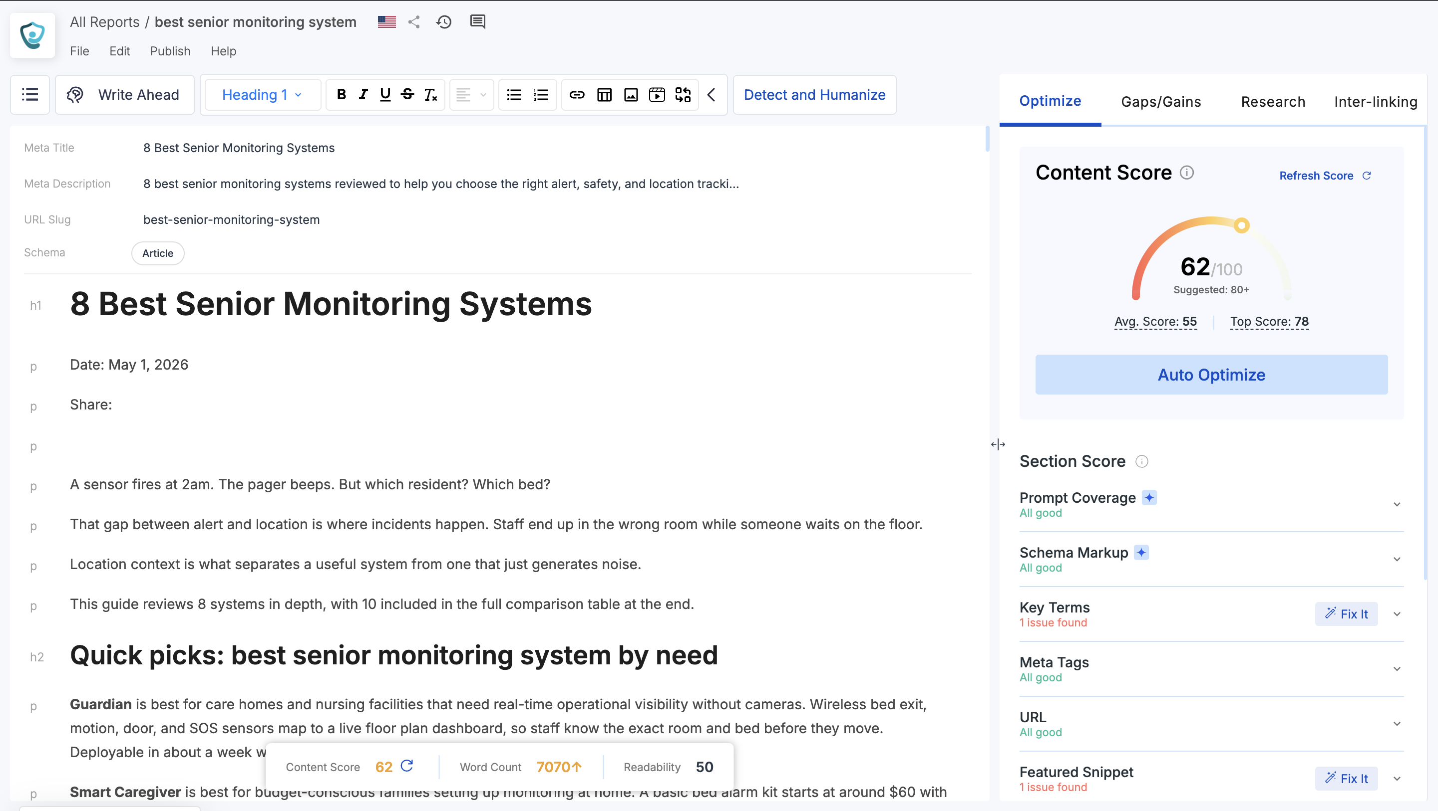 Scalenut Content Optimizer editor showing content score, prompt coverage, schema, key-term checks, meta tags, featured-snippet checks, interlinking, and Auto Optimize Scalenut Content Optimizer editor showing content score, prompt coverage, schema, key-term checks, meta tags, featured-snippet checks, interlinking, and Auto Optimize