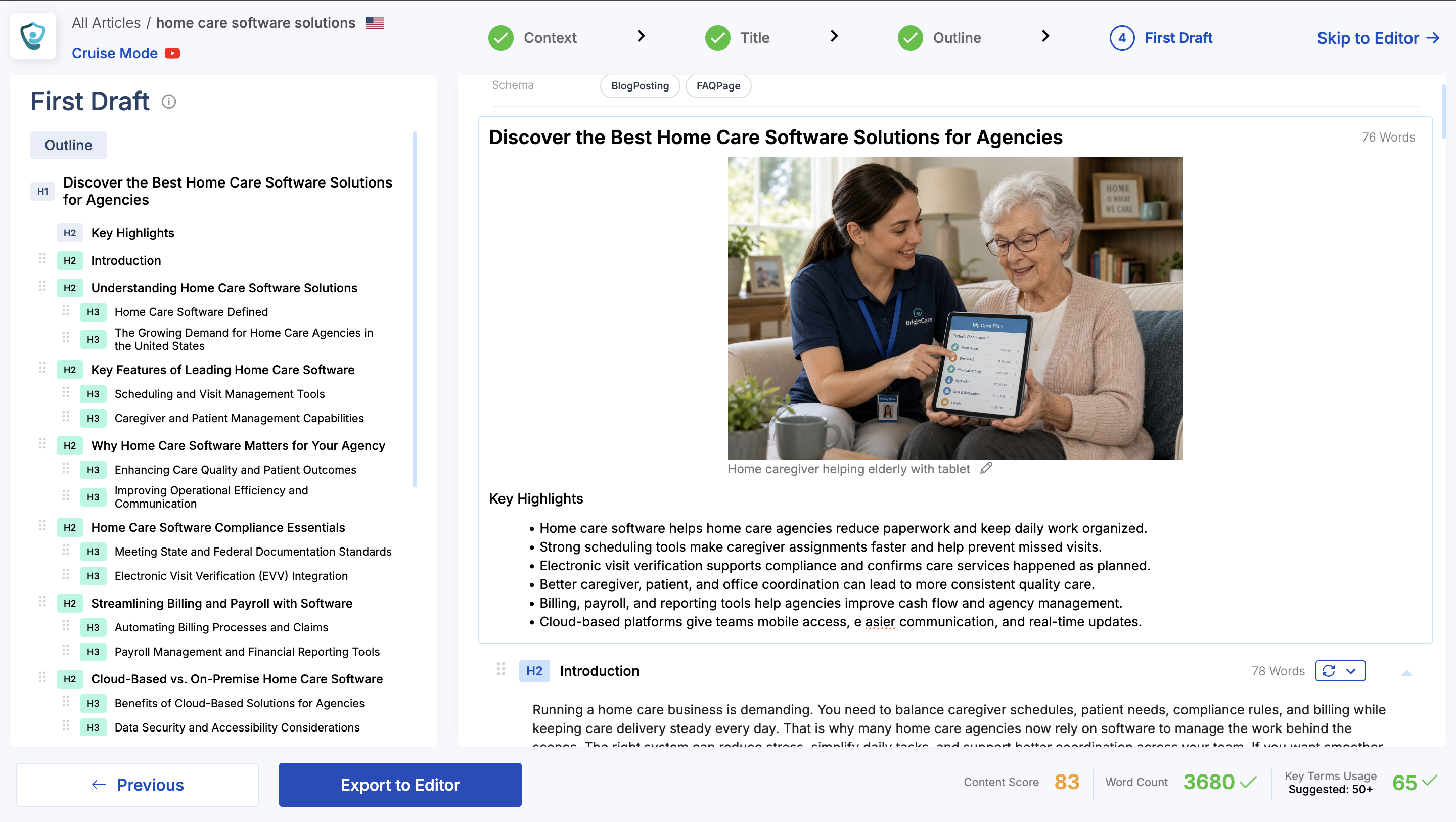 Scalenut first-draft screen for a home-care software article with outline and content score