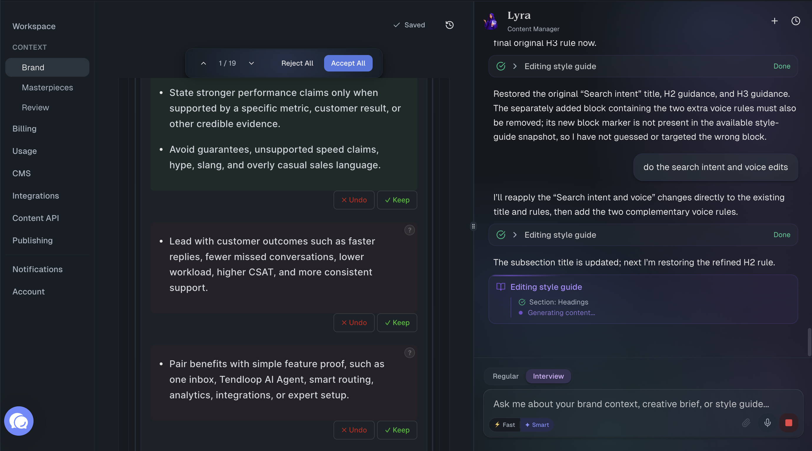 RankUp brand guidelines showing content rules and performance-claim guidance managed with Lyra