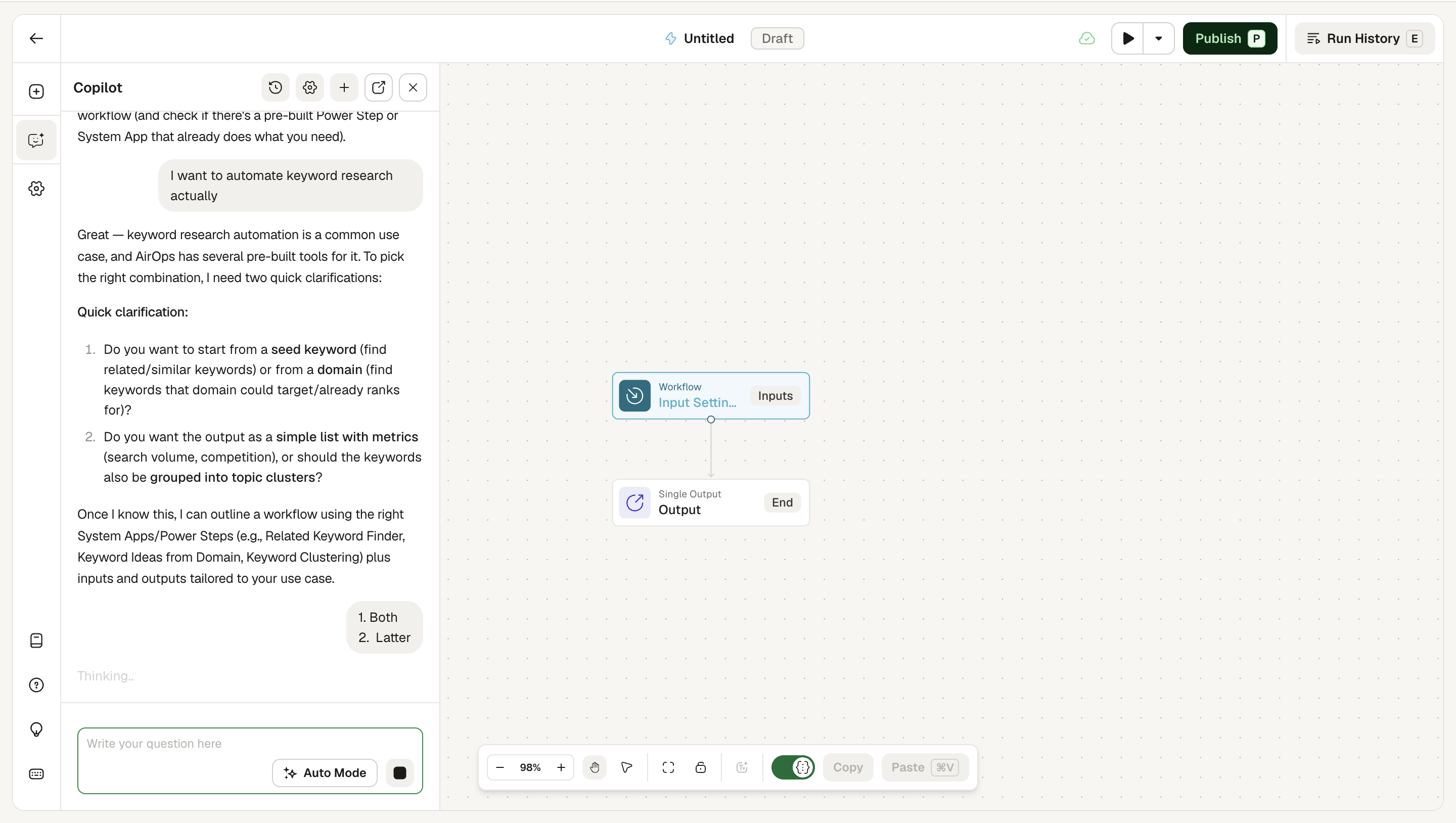 AirOps Copilot asking users to define keyword inputs, metrics, clusters, and workflow outputs