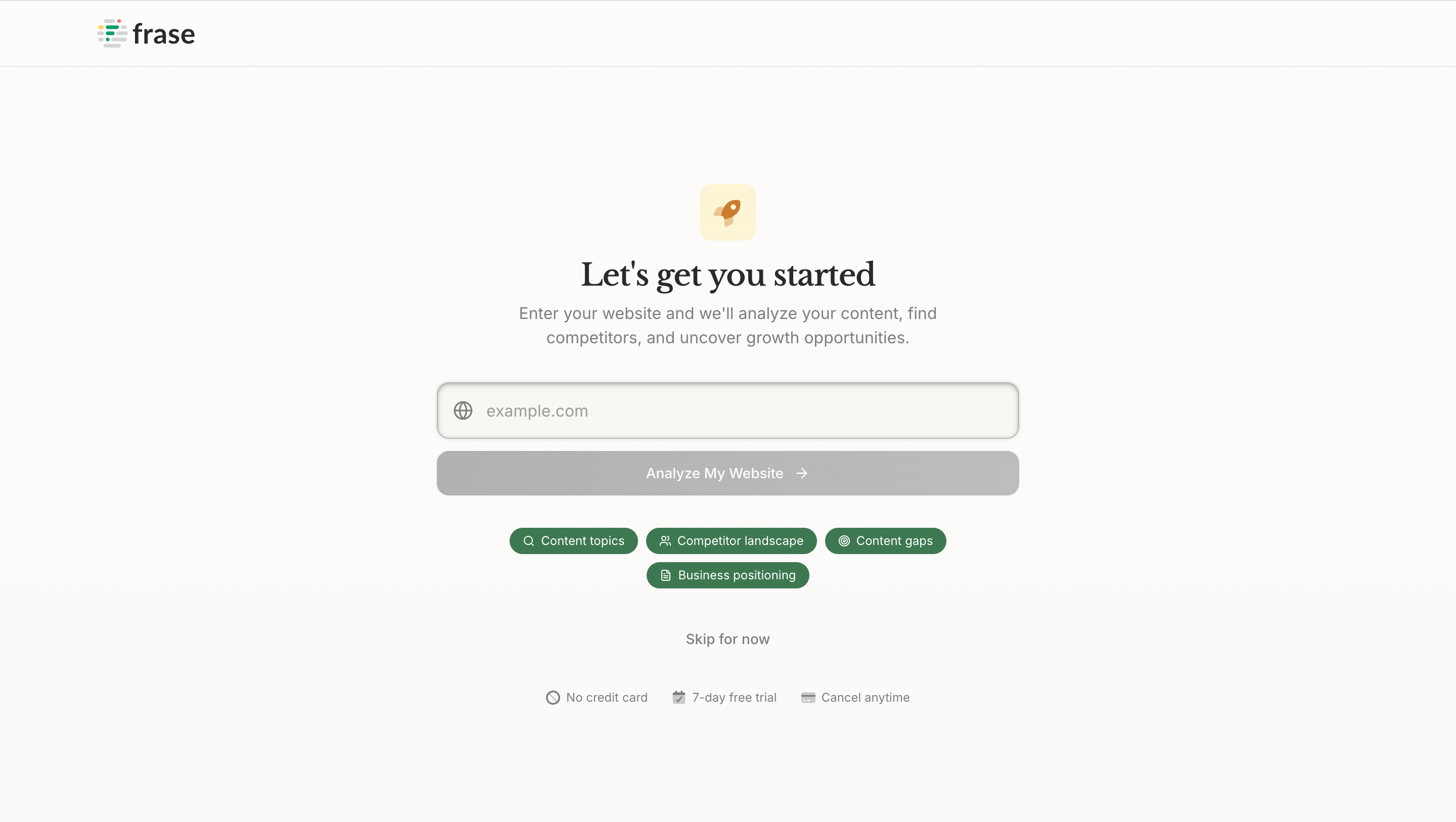 Frase onboarding screen asking for a website domain to analyze, showing the 7-day free trial with no credit card required