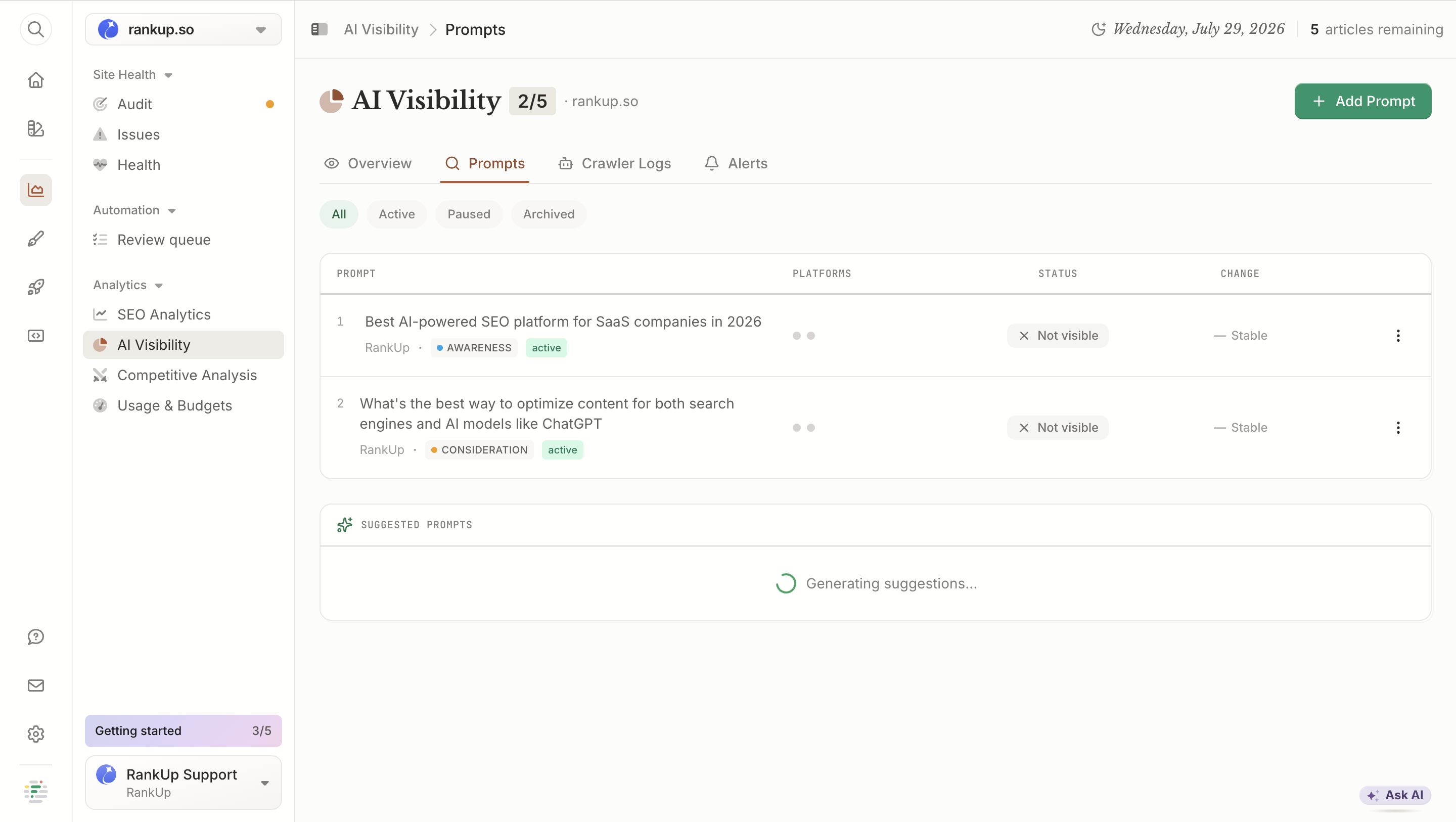 Frase AI Visibility Prompts tab for rankup.so showing the two prompts Frase generated automatically during workspace setup
