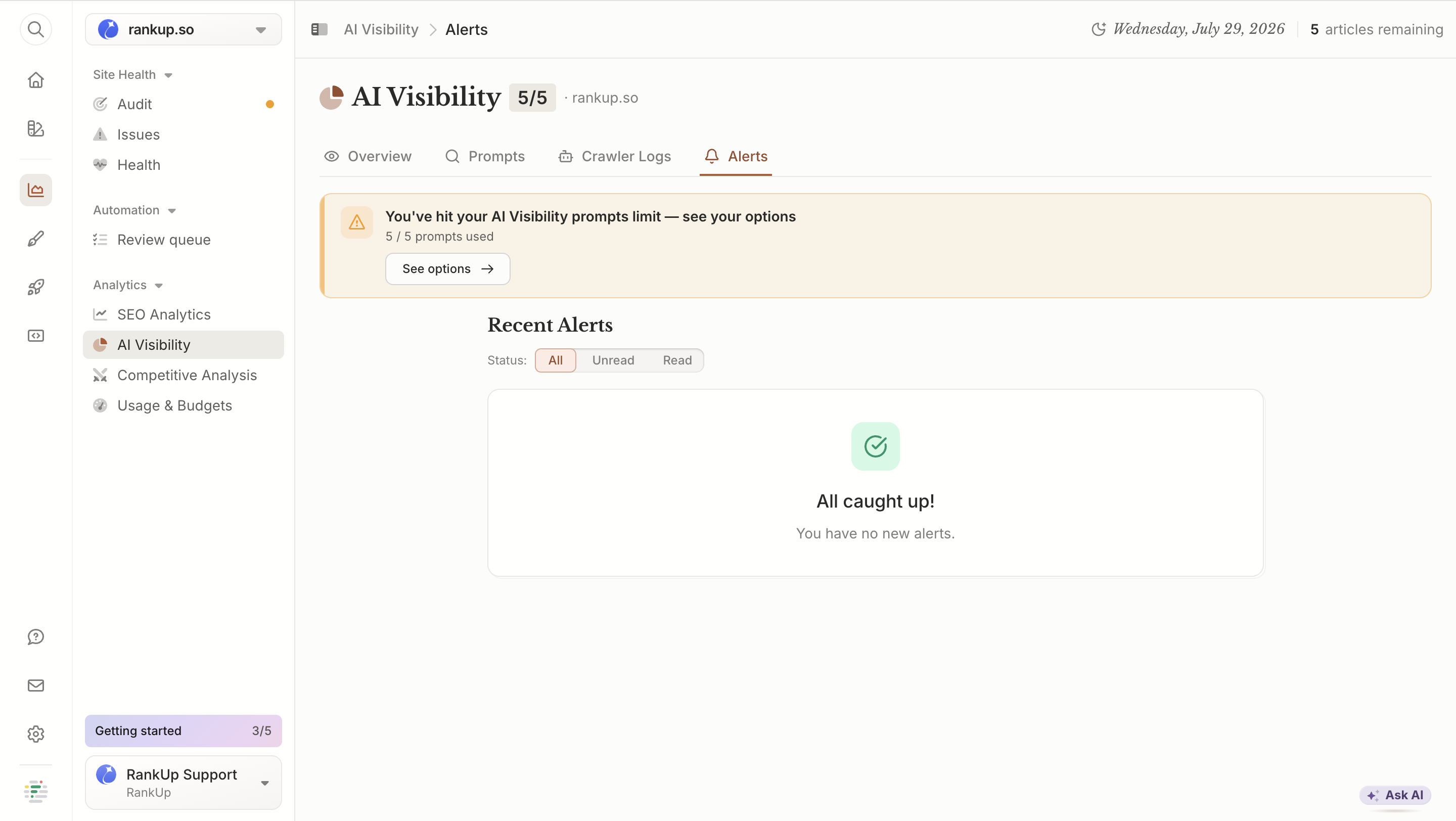 Frase AI Visibility Alerts page warning that the prompts limit is reached, showing 5 of 5 prompts used