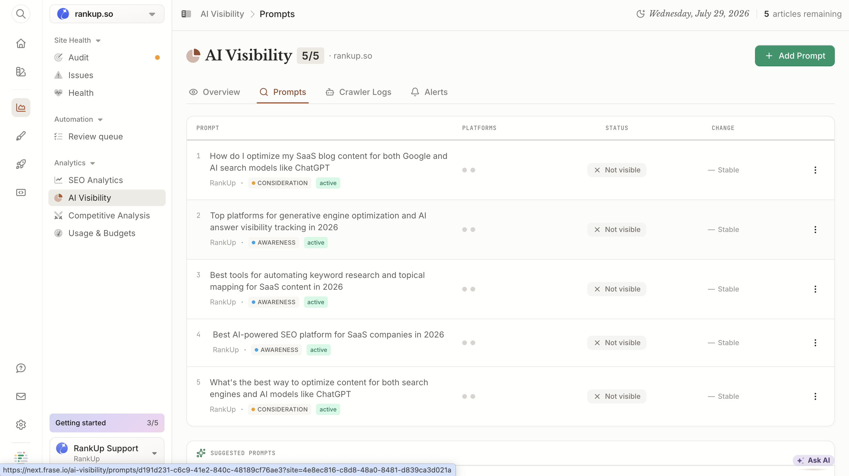 Frase AI Visibility Prompts tab showing the five prompts selected for tracking on rankup.so, each marked Not visible with a stable trend