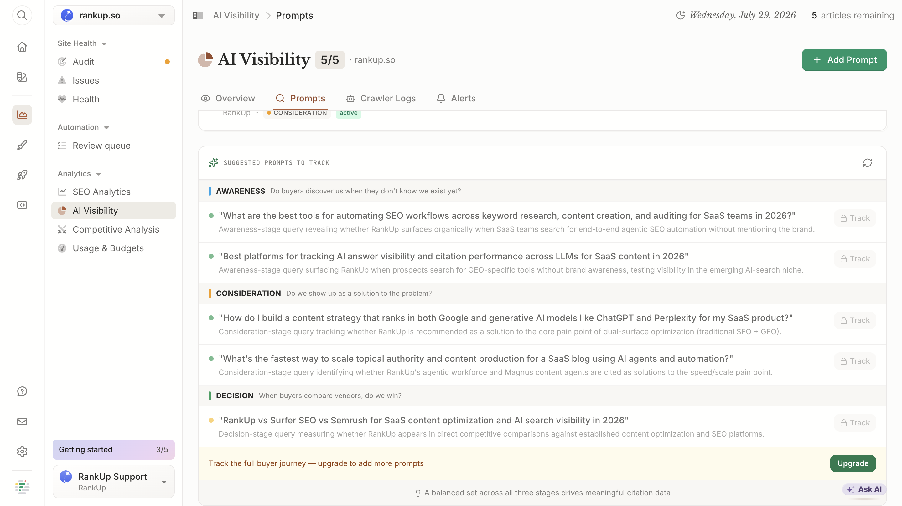 Frase AI Visibility Prompts tab showing suggested prompts to track grouped under Awareness, Consideration and Decision stages