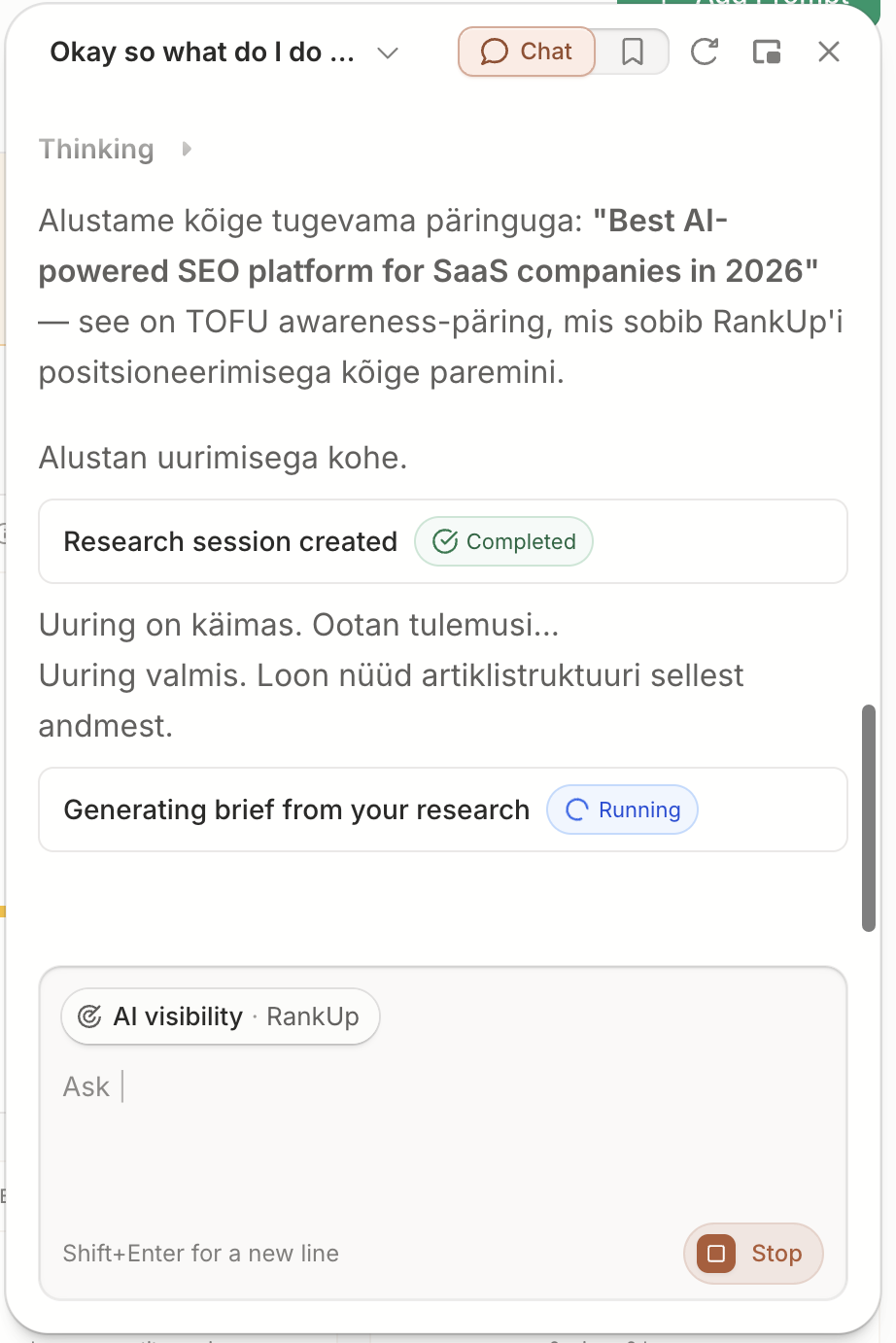 Frase AI assistant panel showing the research session marked Completed and 