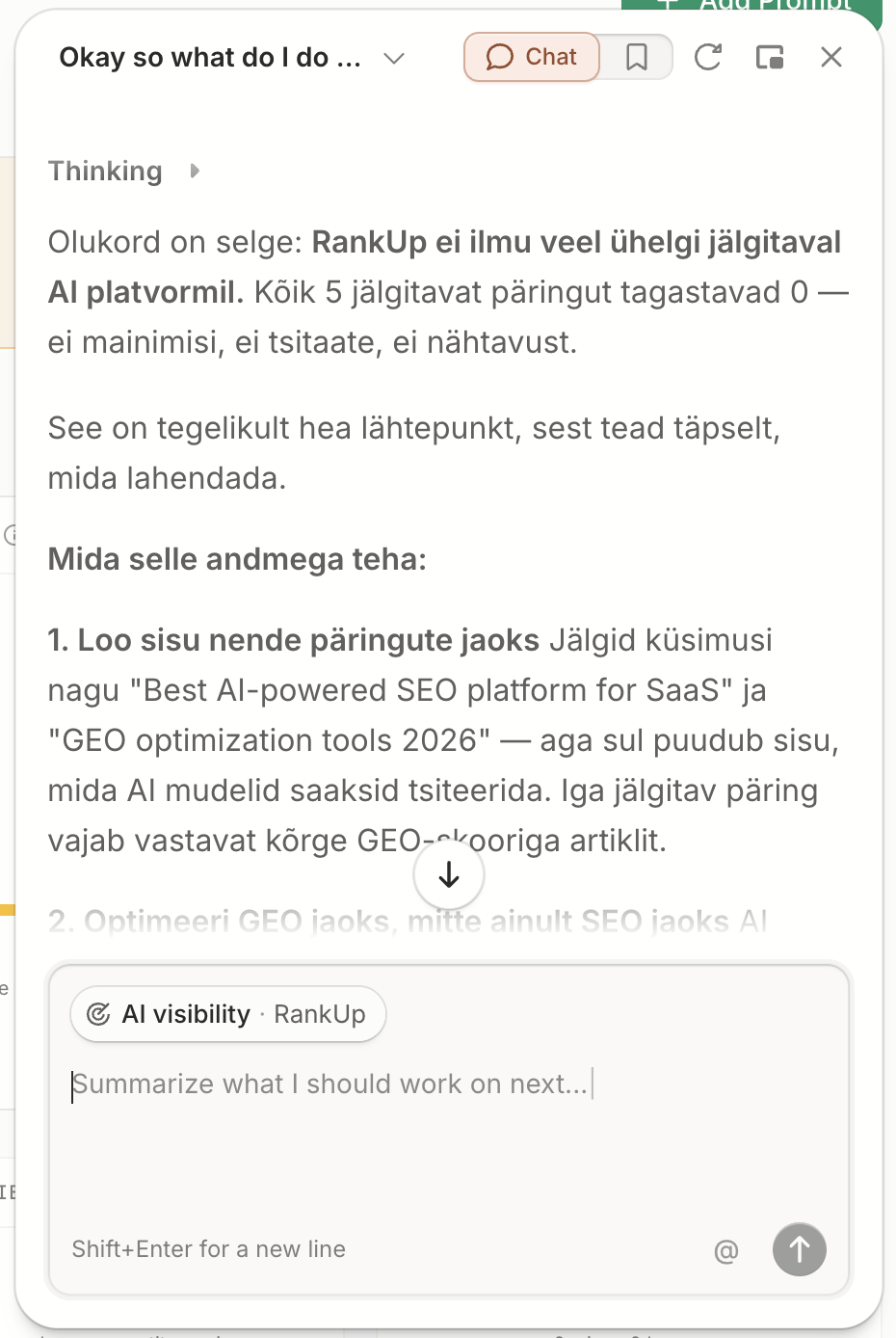 Frase AI assistant reporting that all five tracked prompts return zero mentions, citations and visibility for rankup.so, then recommending a dedicated article for each tracked query and GEO optimization