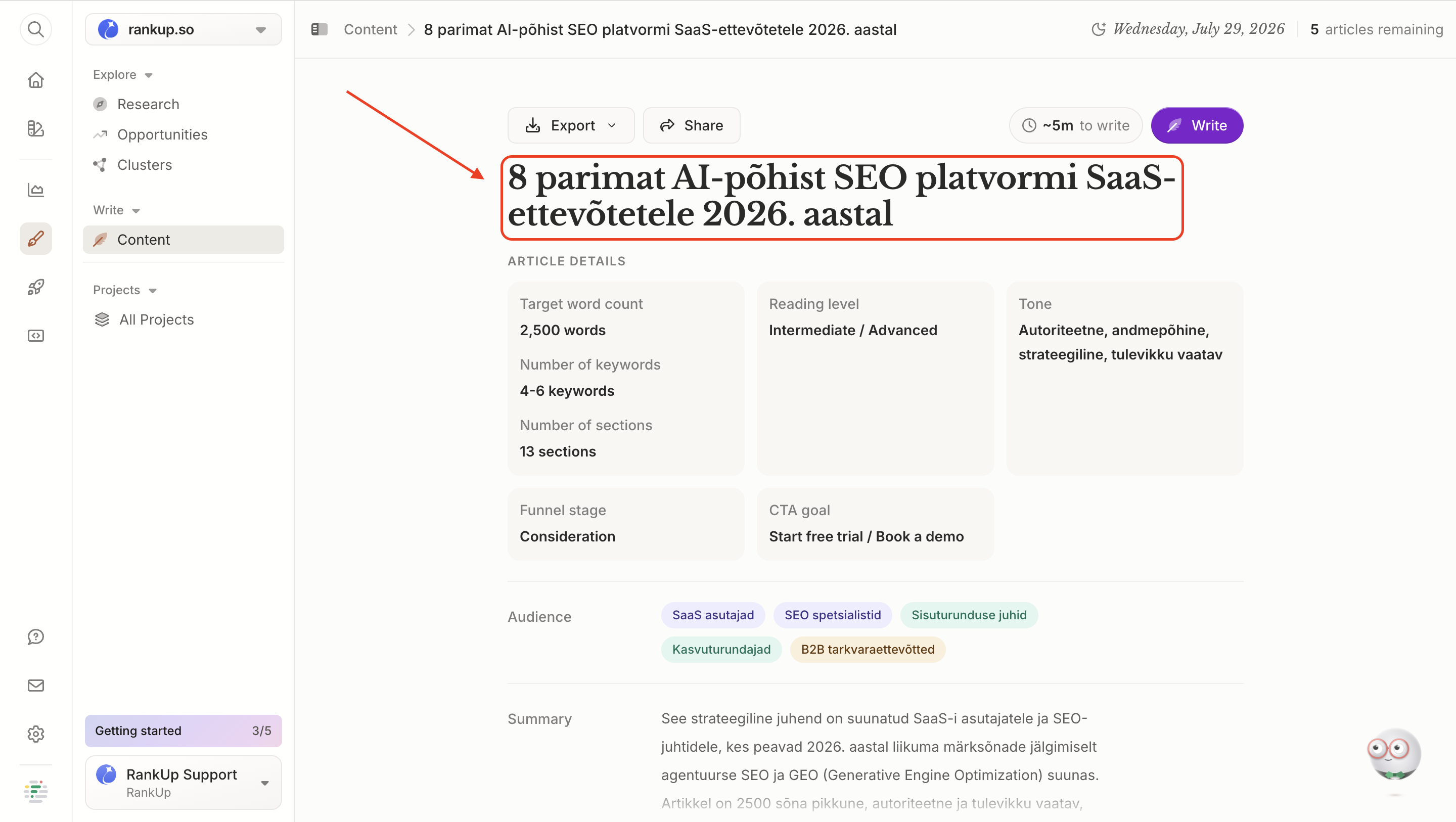 Frase content brief showing a 2,500-word target, intermediate reading level, authoritative tone and a SaaS founder audience