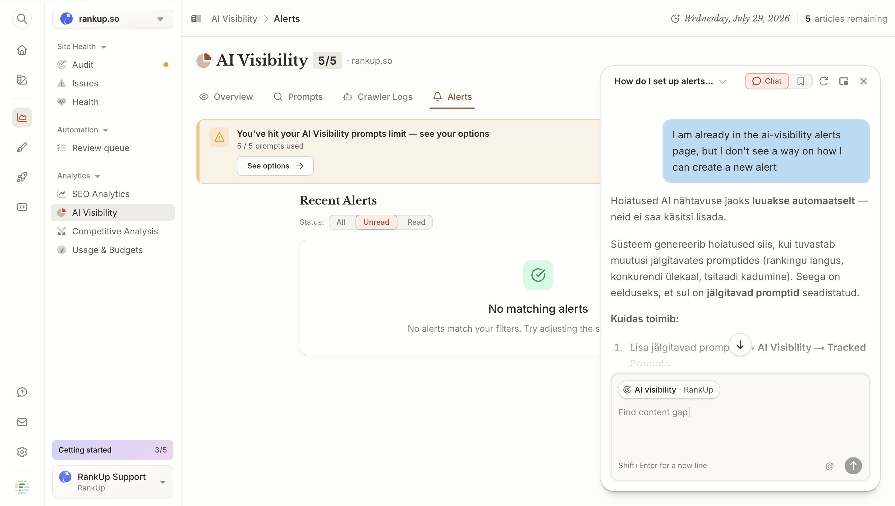 Frase AI assistant reply stating that AI visibility alerts are generated automatically and cannot be added manually