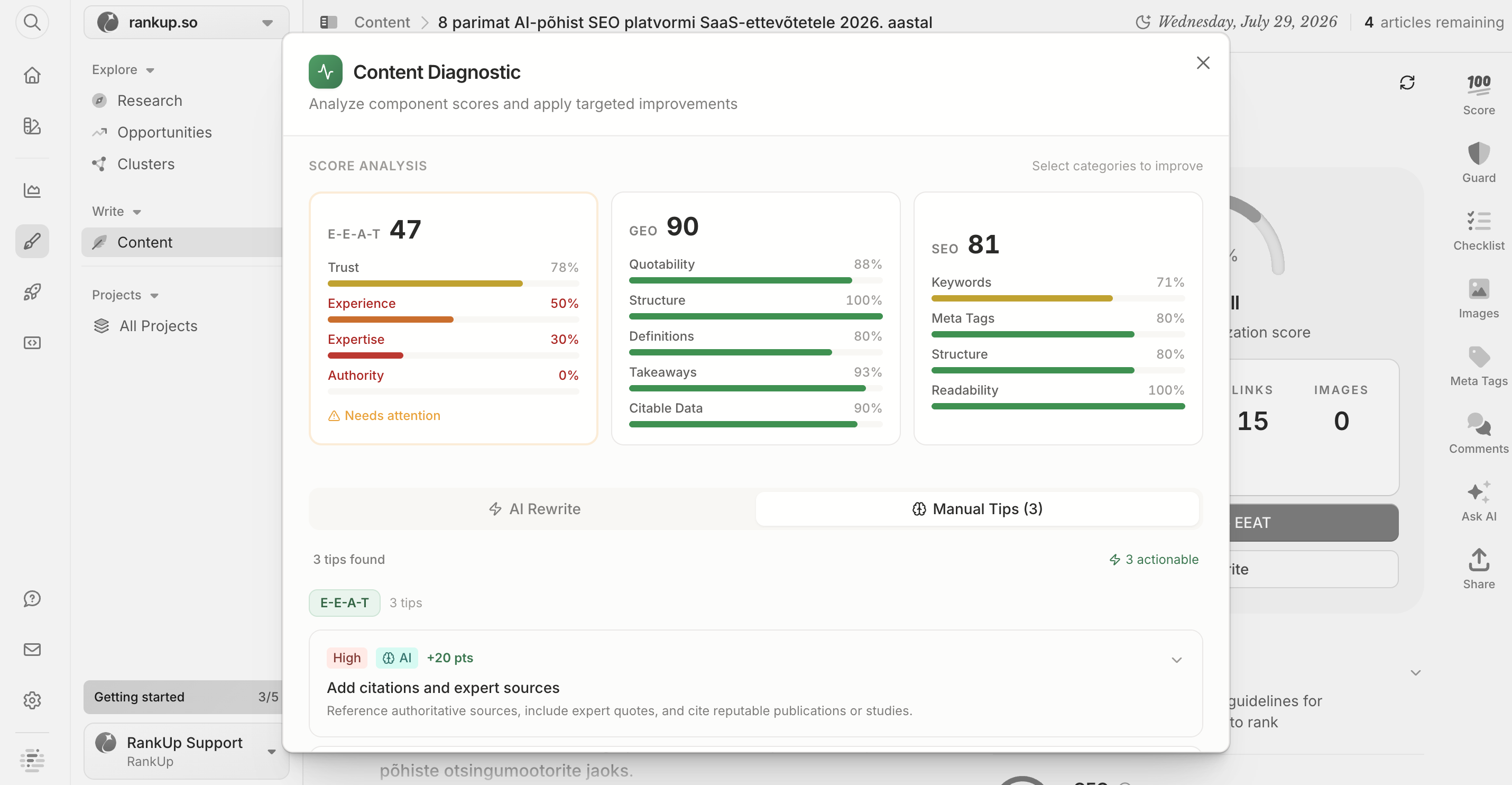 Frase Content Diagnostic modal showing E-E-A-T 47, GEO 90 and SEO 81, with Authority and Expertise flagged as needing attention