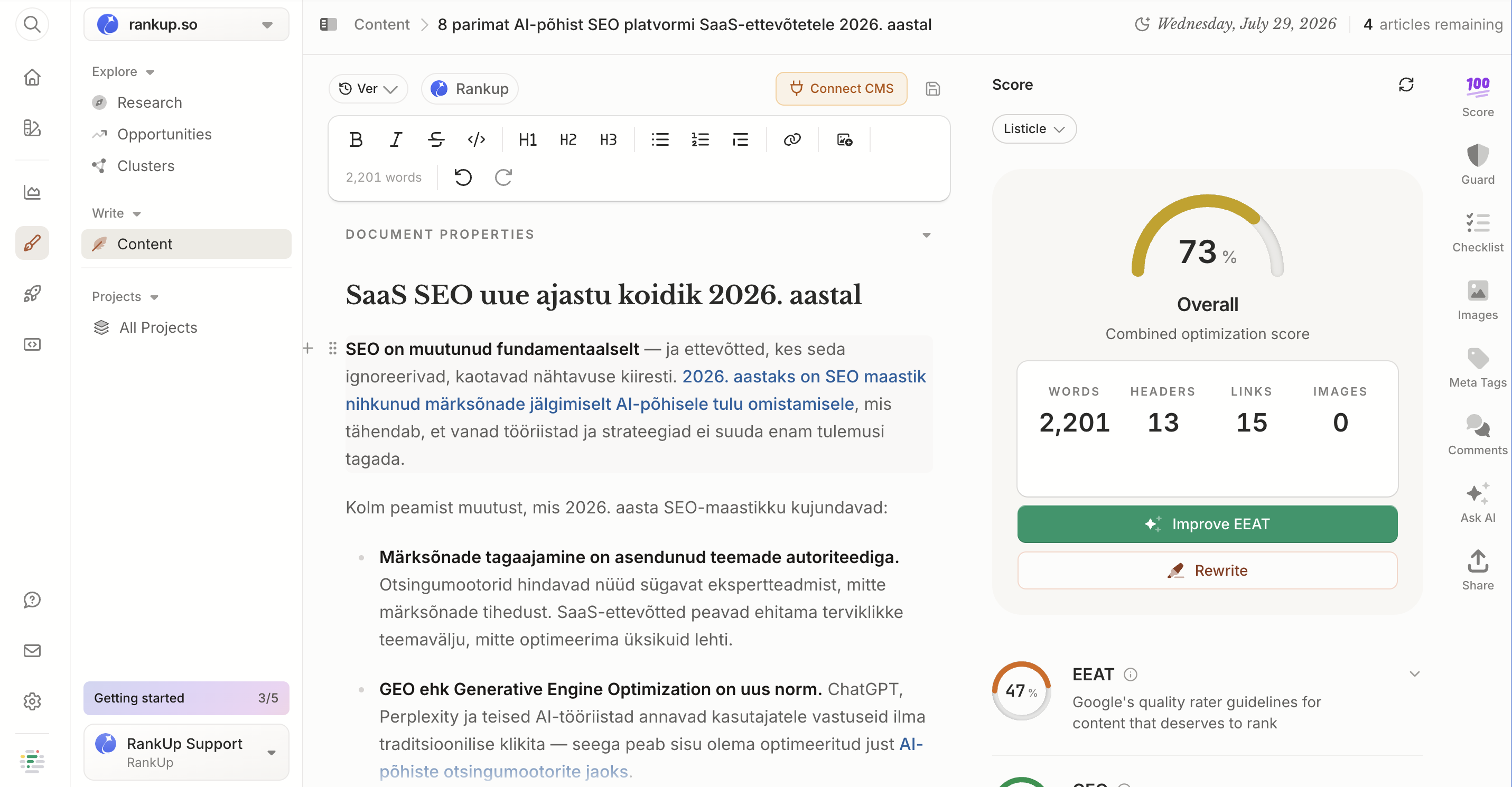Frase editor showing the finished draft with a 73% combined optimization score, 2,201 words, 13 headers and 15 links