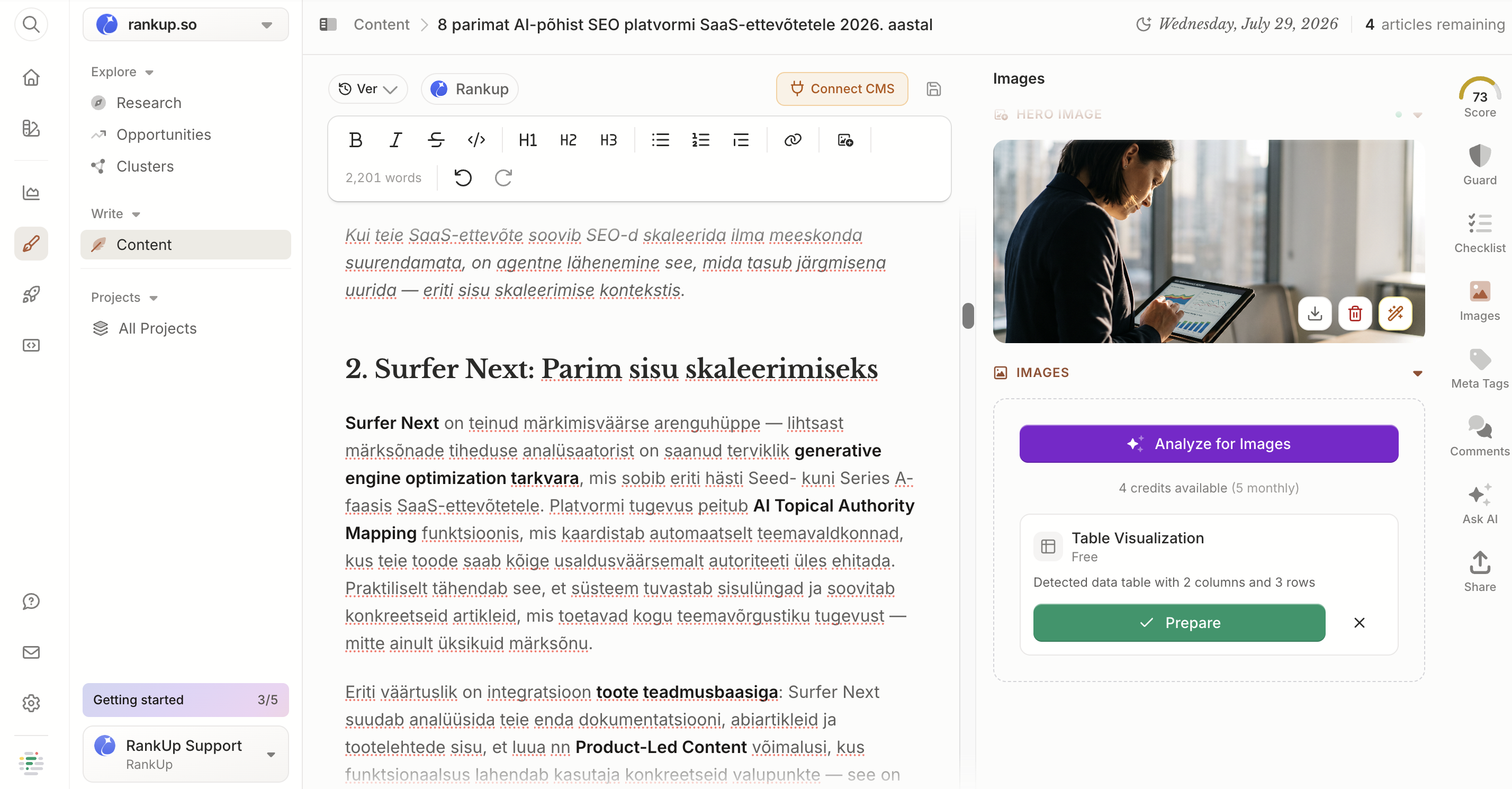 Frase Images sidebar proposing a Table Visualization based on the article text instead of generating the requested body image