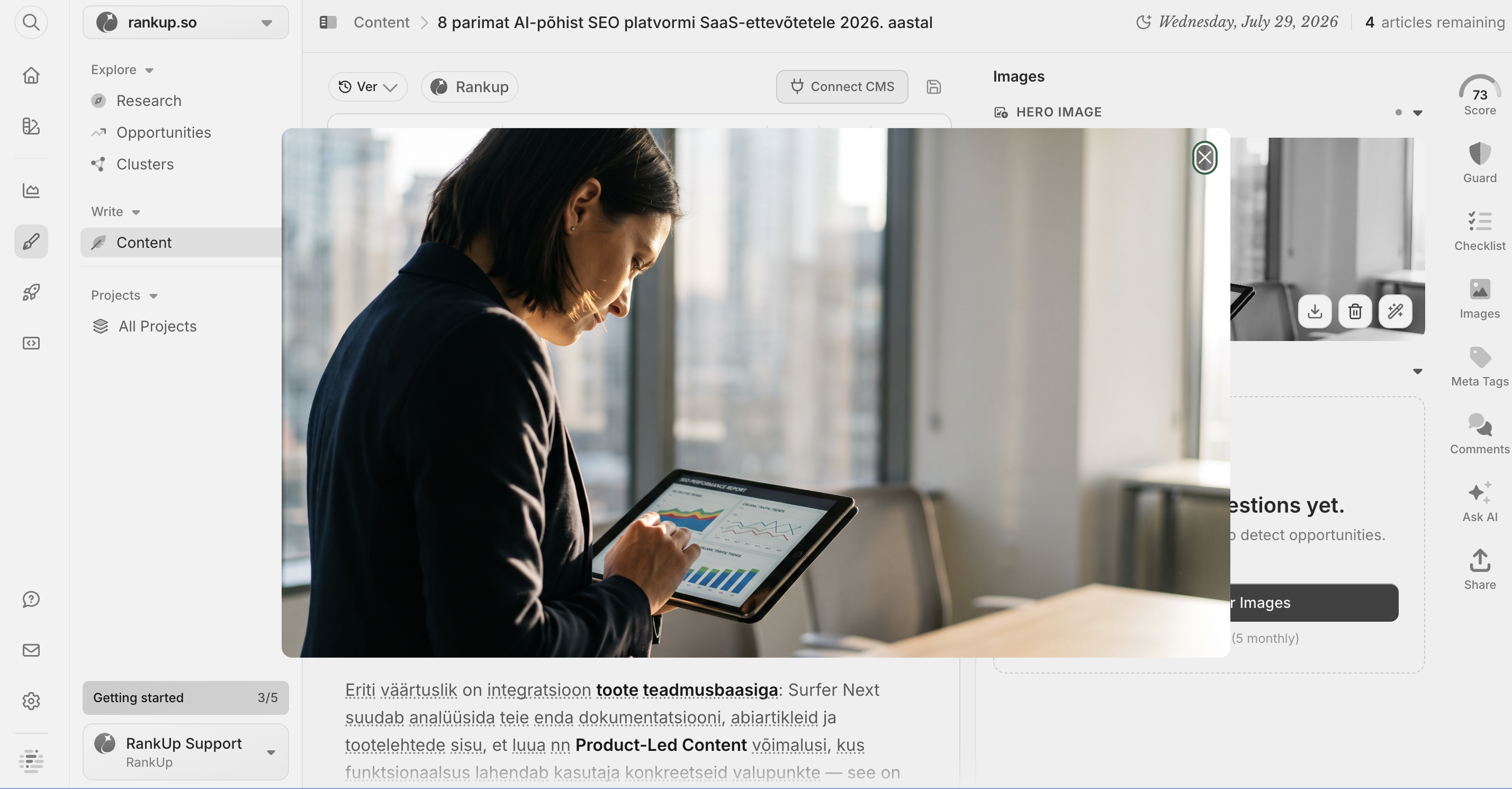 Frase-generated hero image shown in the editor alongside the drafted article