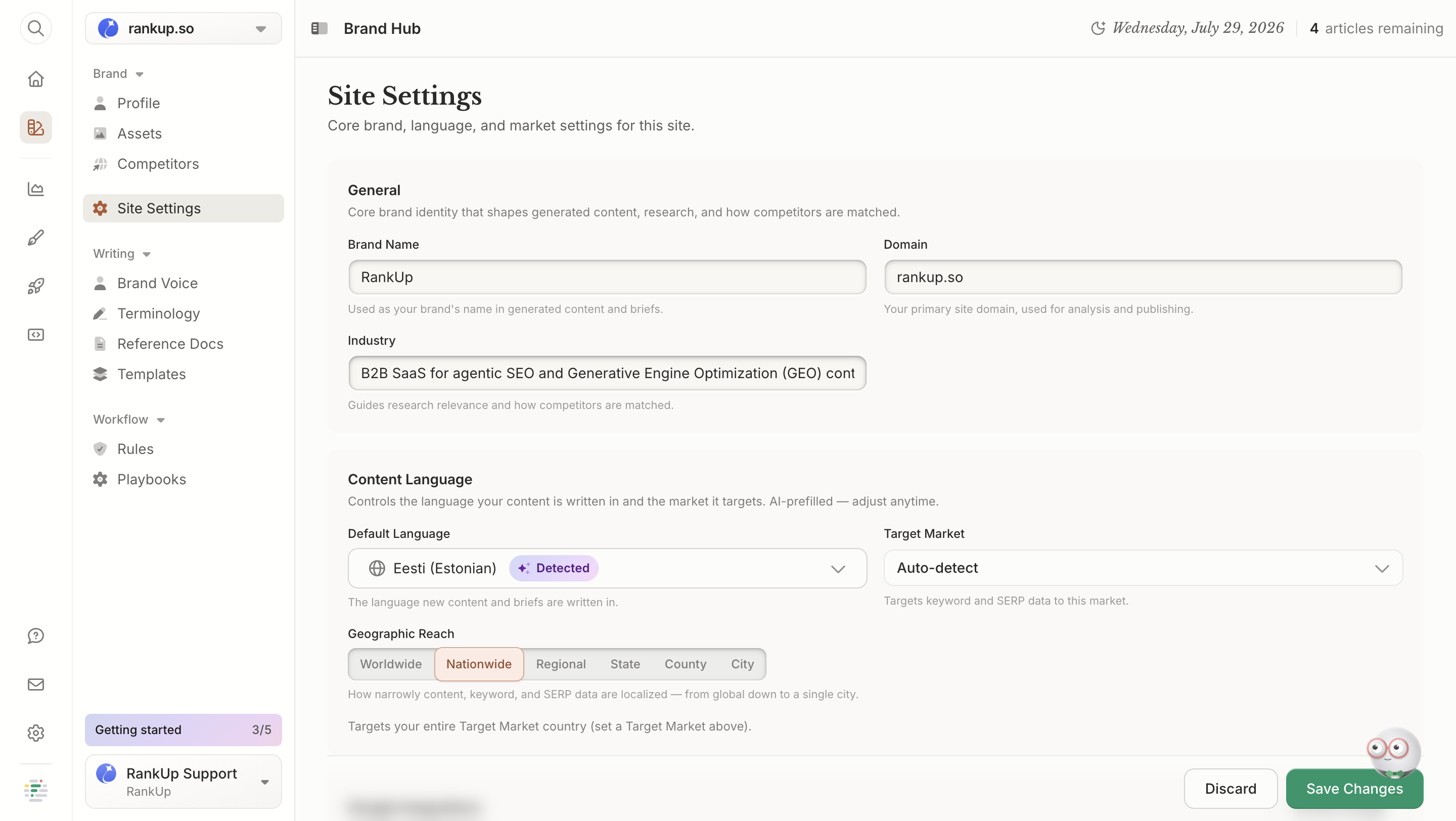 Frase Brand Hub site settings for rankup.so, with Default Language set to Eesti (Estonian) and flagged as auto-detected