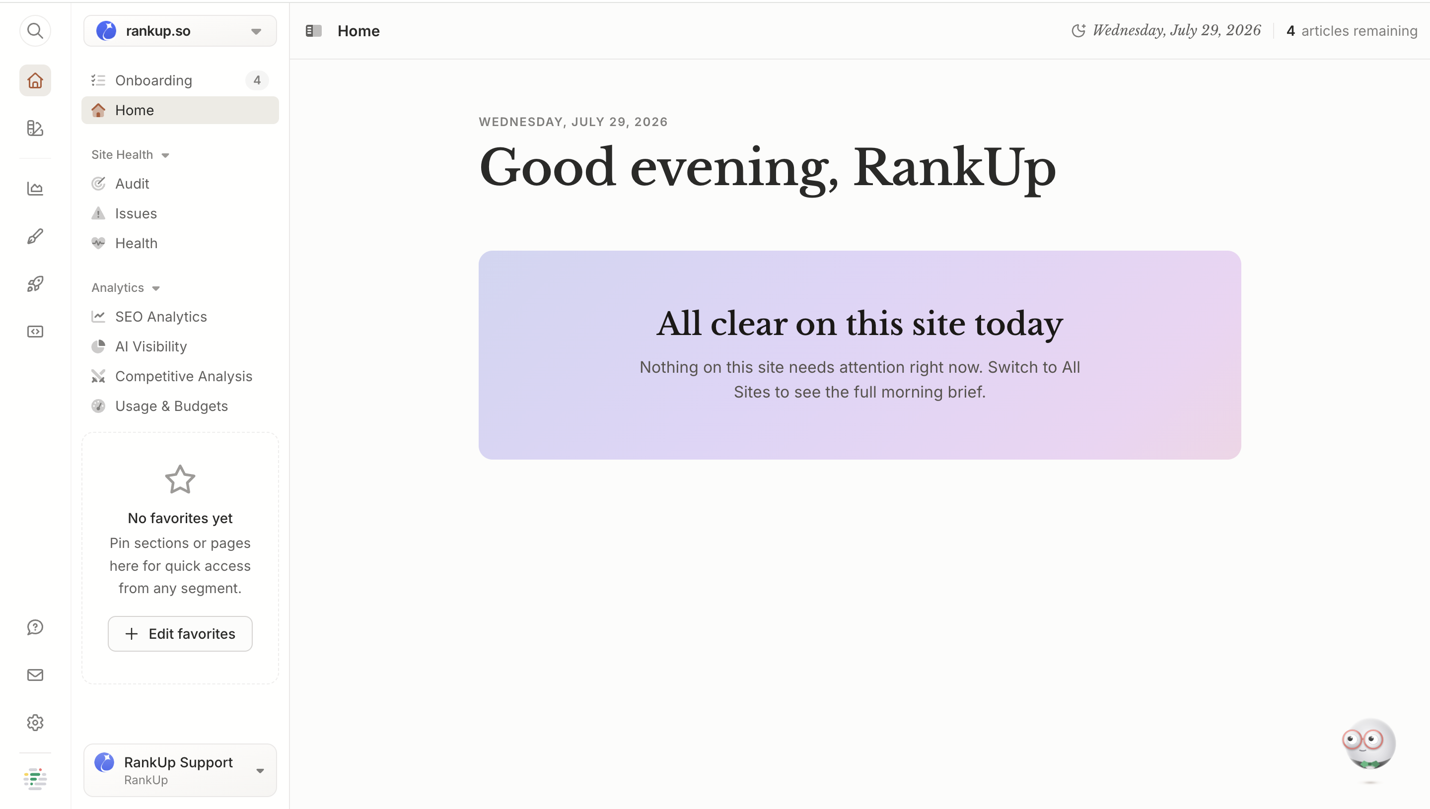 Frase home dashboard for rankup.so, with sidebar navigation covering site health audits, SEO analytics and competitive analysis alongside the site status summary