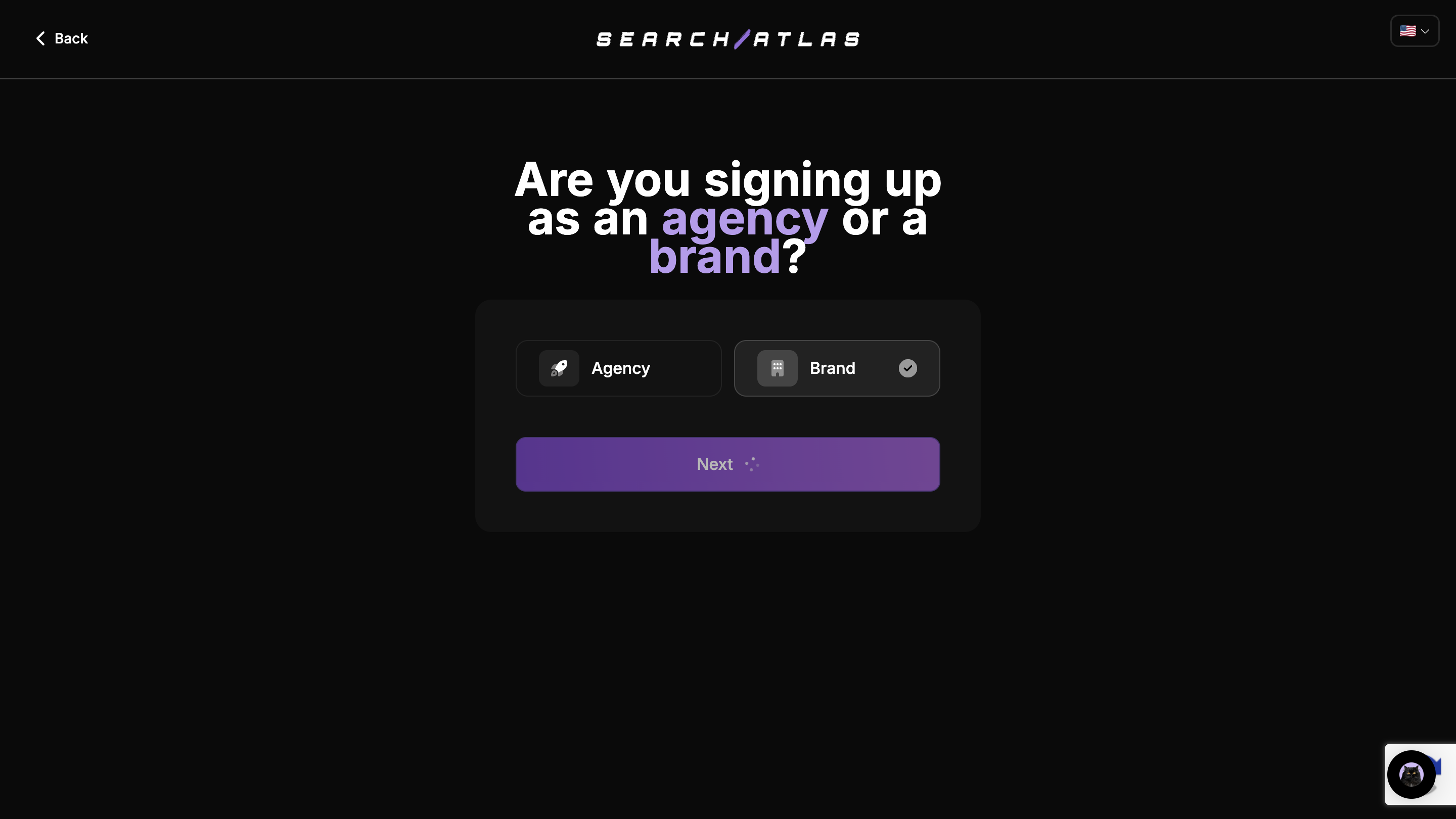 Search Atlas onboarding asking users to choose Agency or Brand