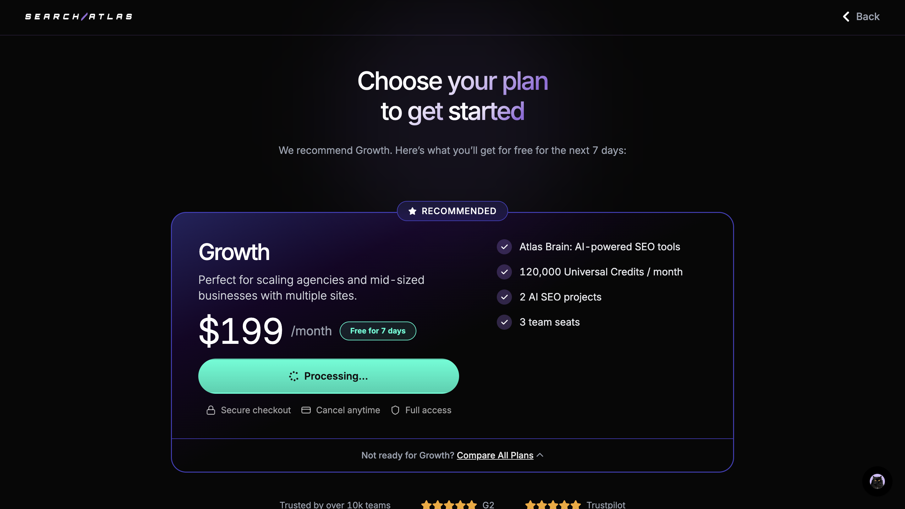 Search Atlas Growth plan showing universal credits, AI SEO projects, team seats, and trial access