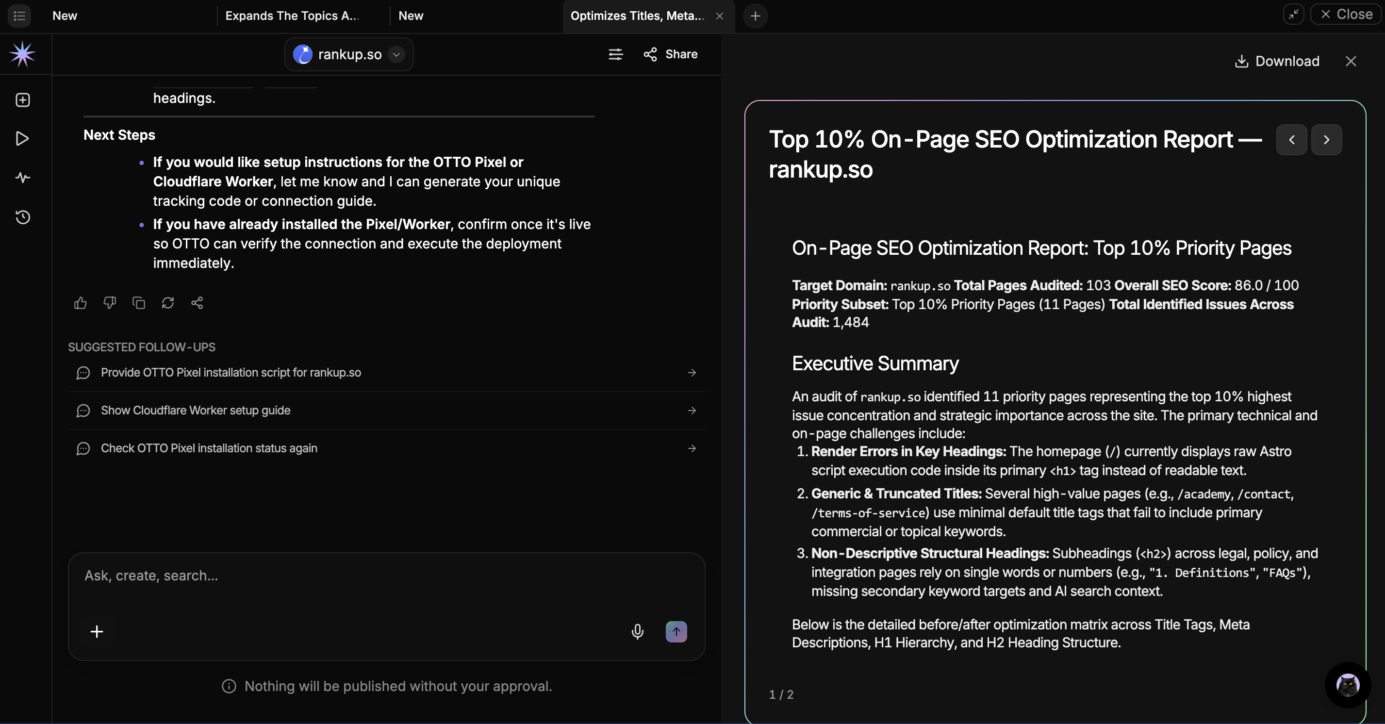 OTTO by Search Atlas on-page SEO report flagging title and heading issues alongside OTTO Pixel deployment steps