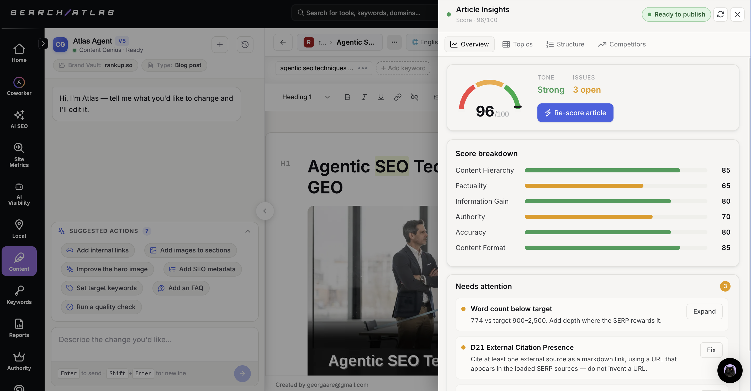Search Atlas content editor with Article Insights scores and Atlas Agent suggestions
