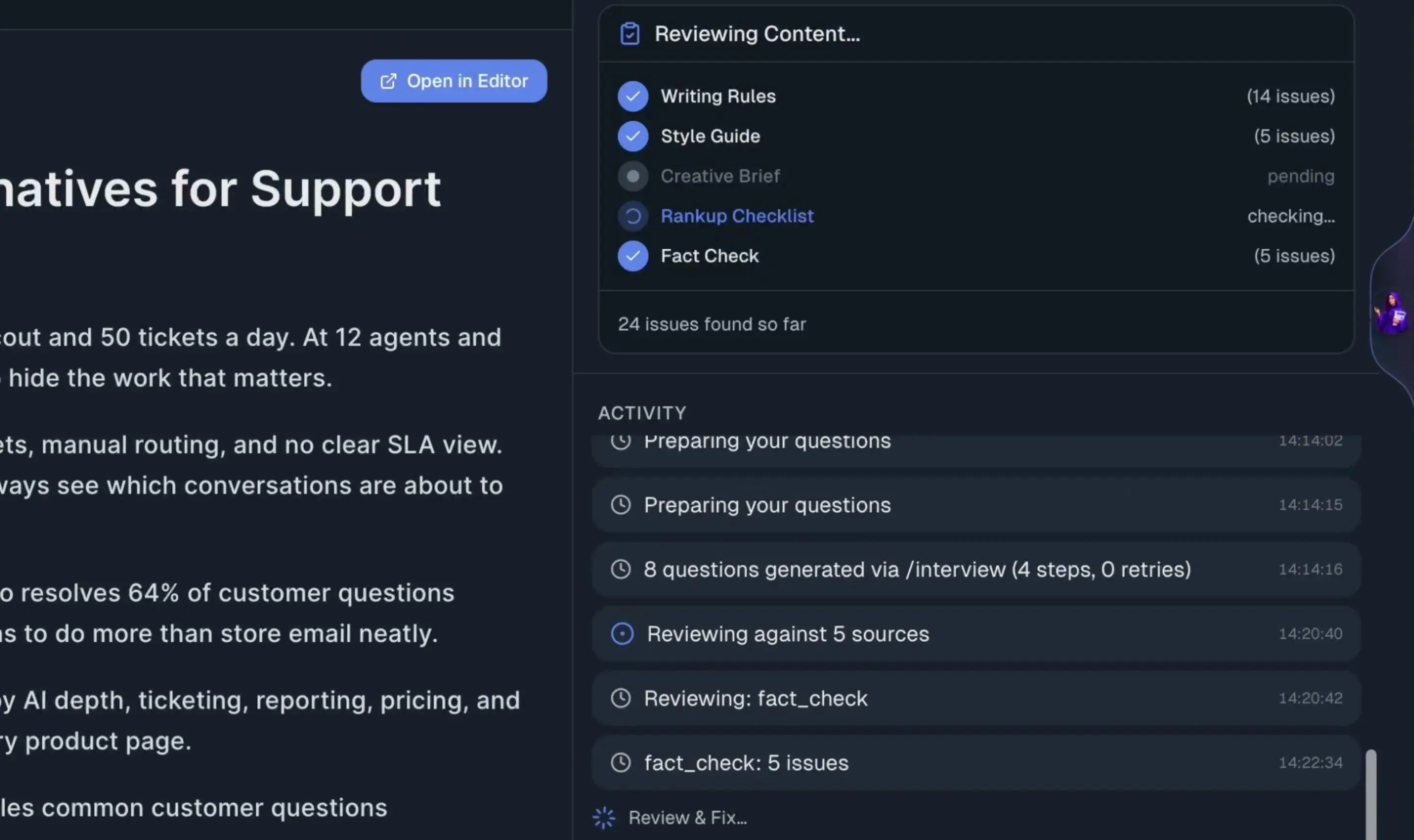 RankUp content review sidebar checking writing rules, style, and facts