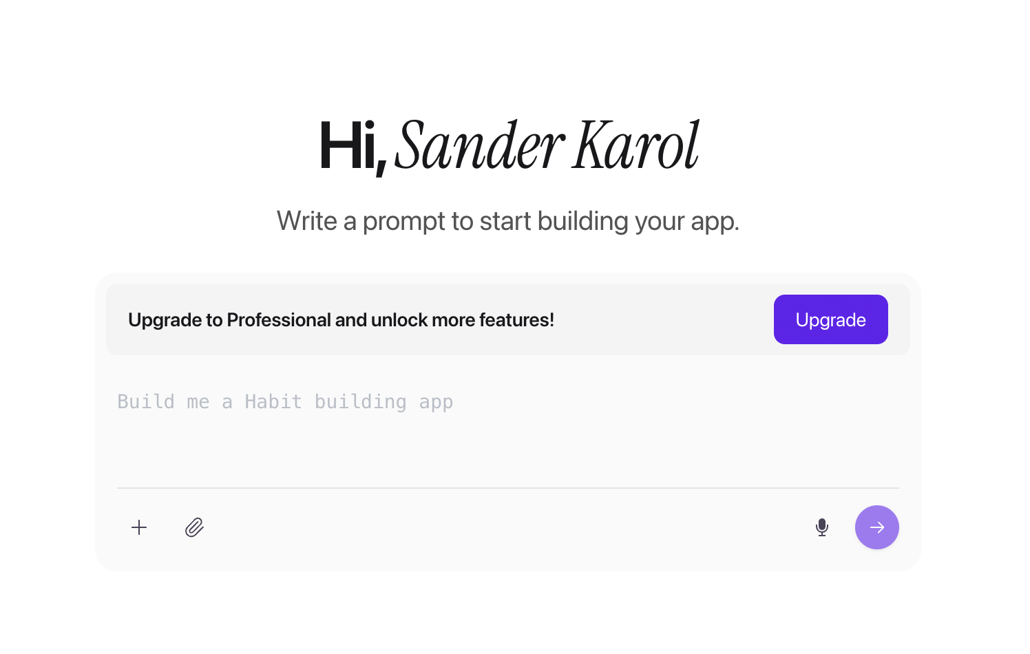 Bilt's app creation screen with a plain-English prompt box for building a native mobile app