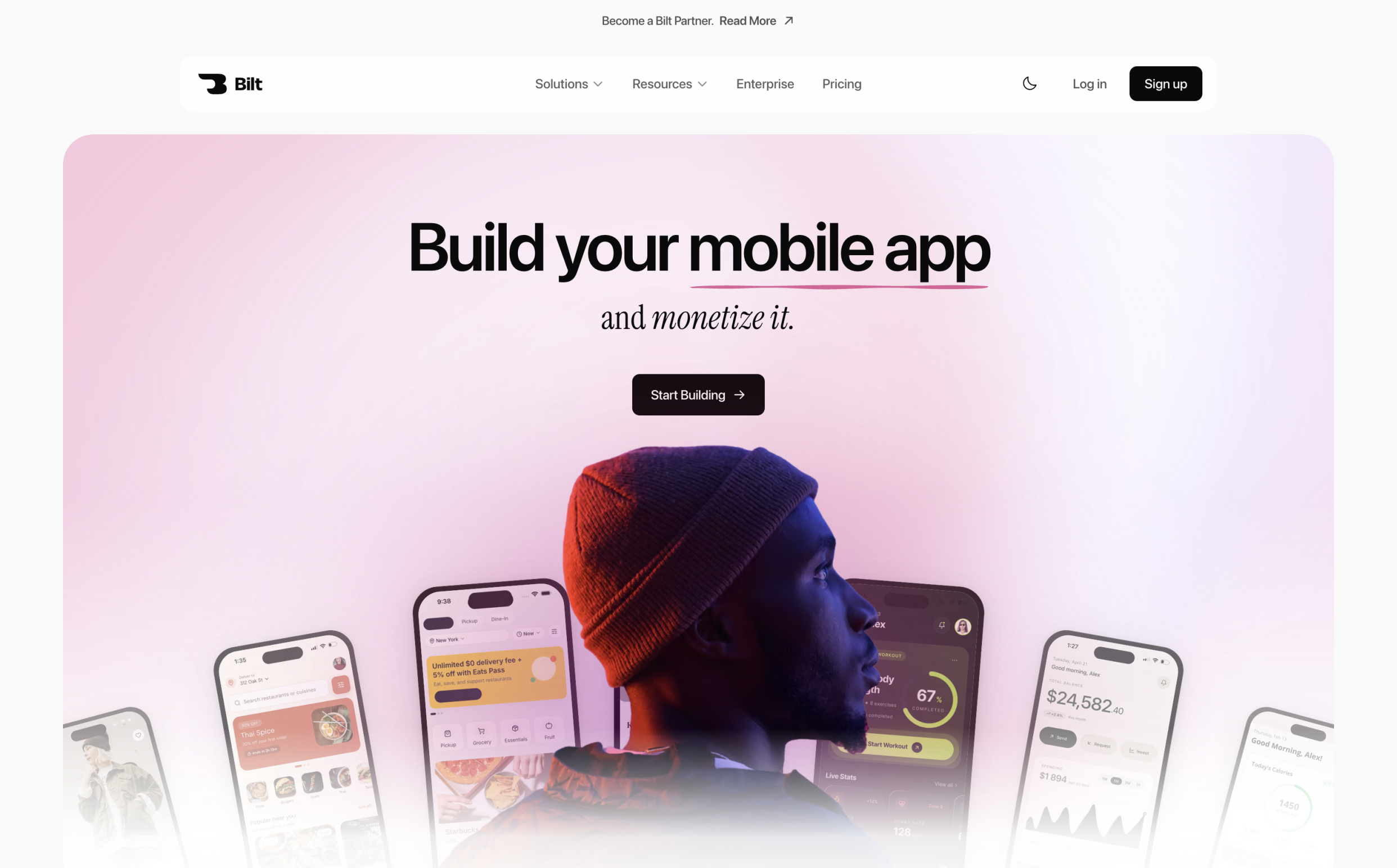 Bilt homepage hero with the headline Build your mobile app and monetize it, next to a Start Building button