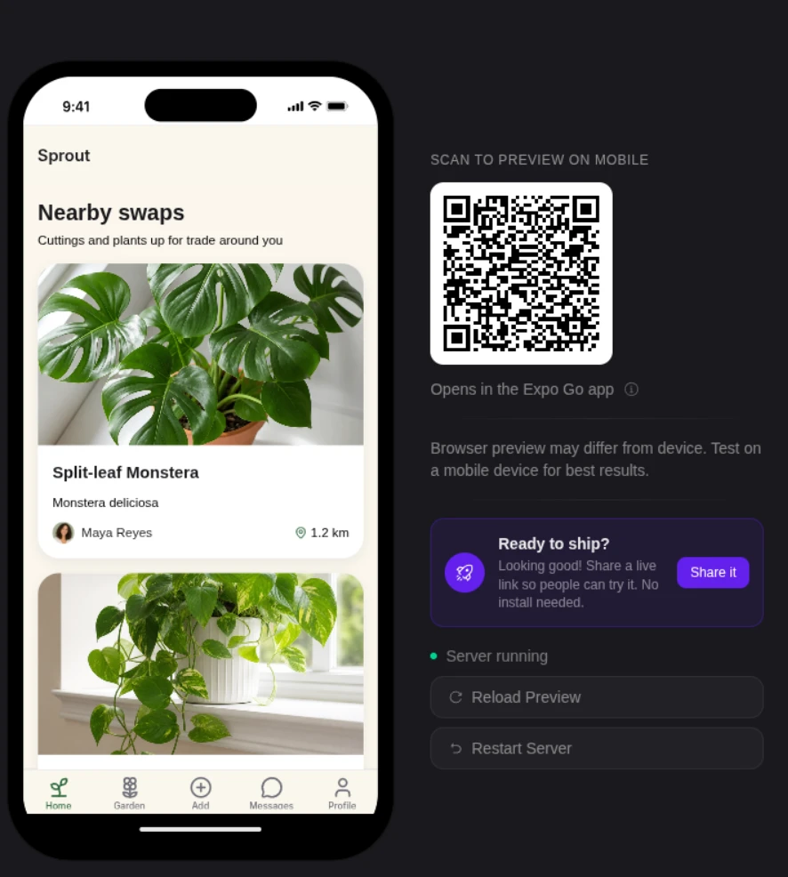 Bilt’s live preview panel with a phone frame, Expo Go QR code, server status, and preview controls